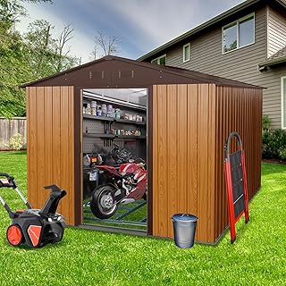 8x10 Outdoor Metal Storage Shed: Galvanized Steel Construction with Wood Grain Finish - Motorcycle Storage Shed with Tool Organization System for DIY Enthusiasts & Backyard Workshop