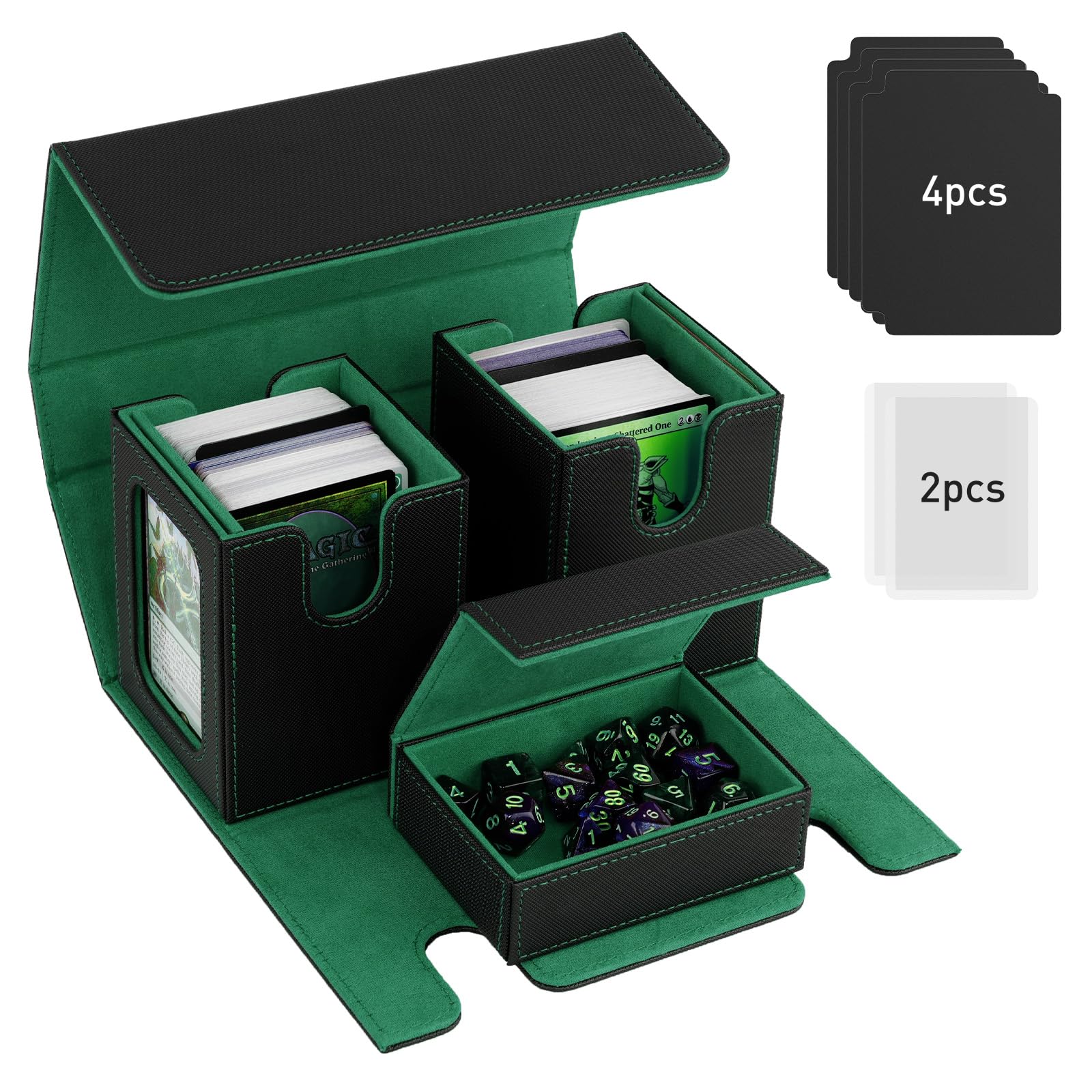 TiMOVO MTG Commander Deck Box, Holds 200+ Double-Sleeved Cards,Leather Magnetic Card Storage Box with 2 Commander Display & 4Dividers & Dice Tray Fit YuGiOh TCG CCG Magic Cards, Black+ Green