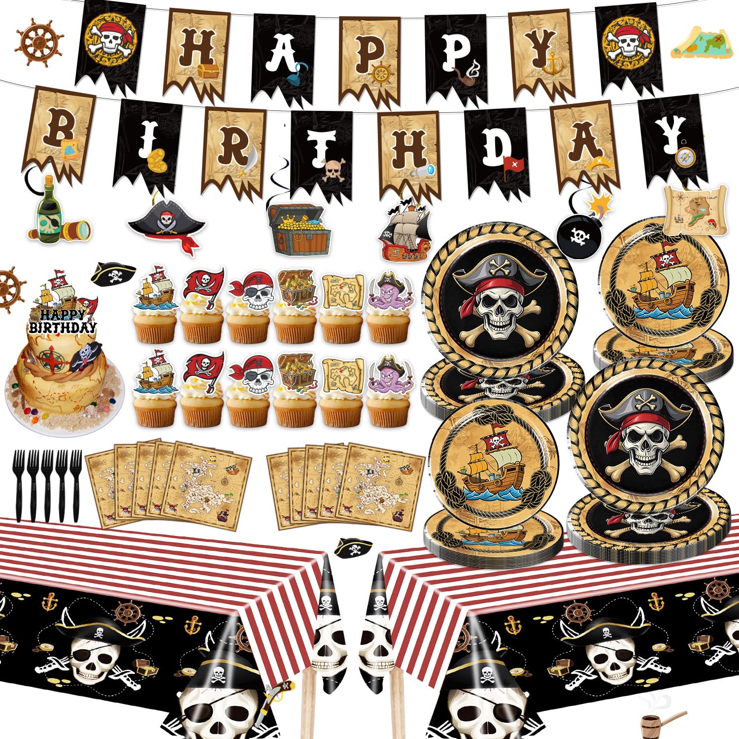 Diosnase Pirate Party Decorations, Pirate Birthday Decorations for 20 Guests with Banner, Hanging Swirls, Tablecloths, Plates, Napkins, Forks, Cake