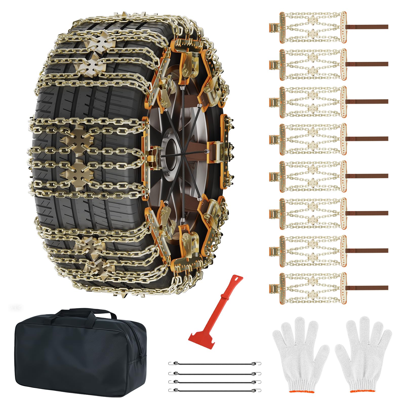 MOONCOOL Schneeketten Universal PKW, Winterketten 8 Stück(1 Satz) Leichte Montage für 215-285mm Auto Reifenbreite Anfahrhilfe Grid Design mit Handschuhe Haken Tragetasche Querseil für PKW, SUV, LKW