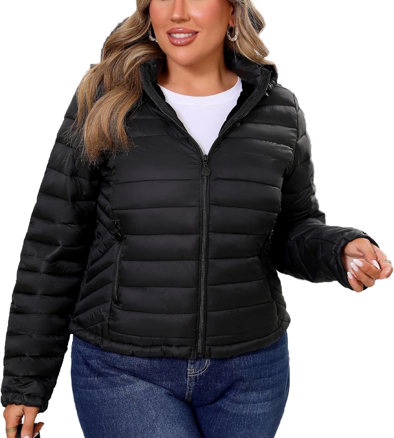 Geschallino Women's Plus Size Puffer Jacket Short Lightweight Hooded Coat