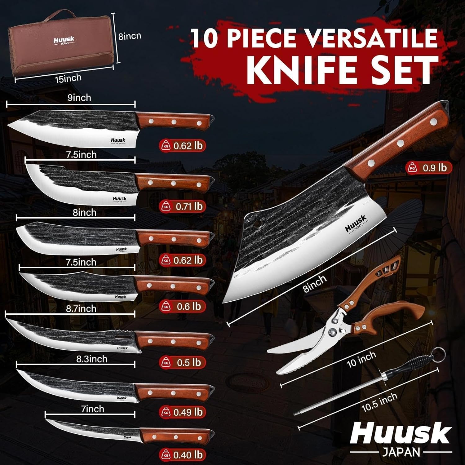 Huusk Butcher Knife Set, Hand Forged Butcher Chef Knife Set with Bag, Sharp Meat Cleaver & Bbq Carving Knives & Boning Breaking Knives for Kitchen & Camping, Christmas Gifts for Men Women