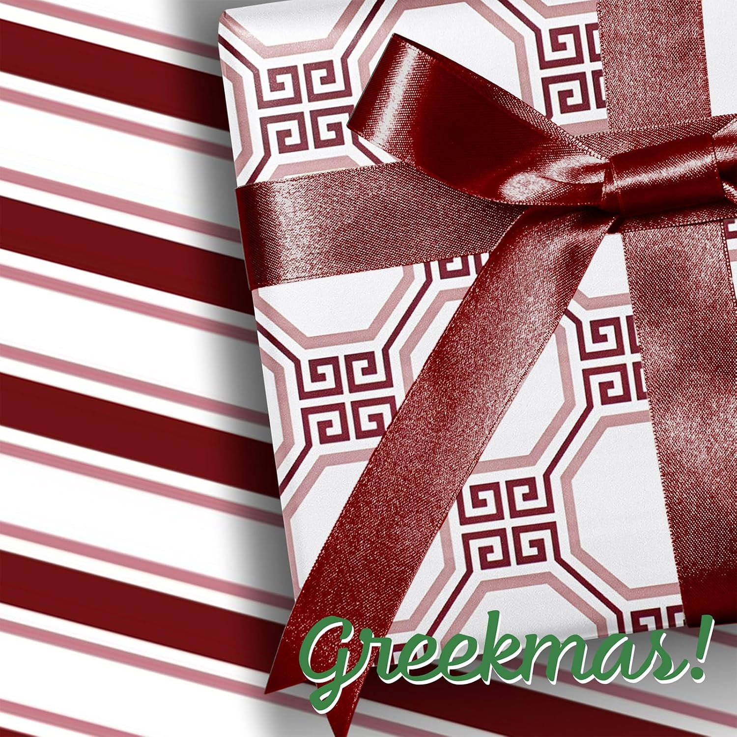 LaRibbons Reversible Minimalist Christmas Wrapping Paper, Greek Key Geometric & Striped Design - Burgundy Pink Modern Gift Wrap for Birthday, Holiday, Xmas Party Celebration, 17 Inch × 33 Feet image 2