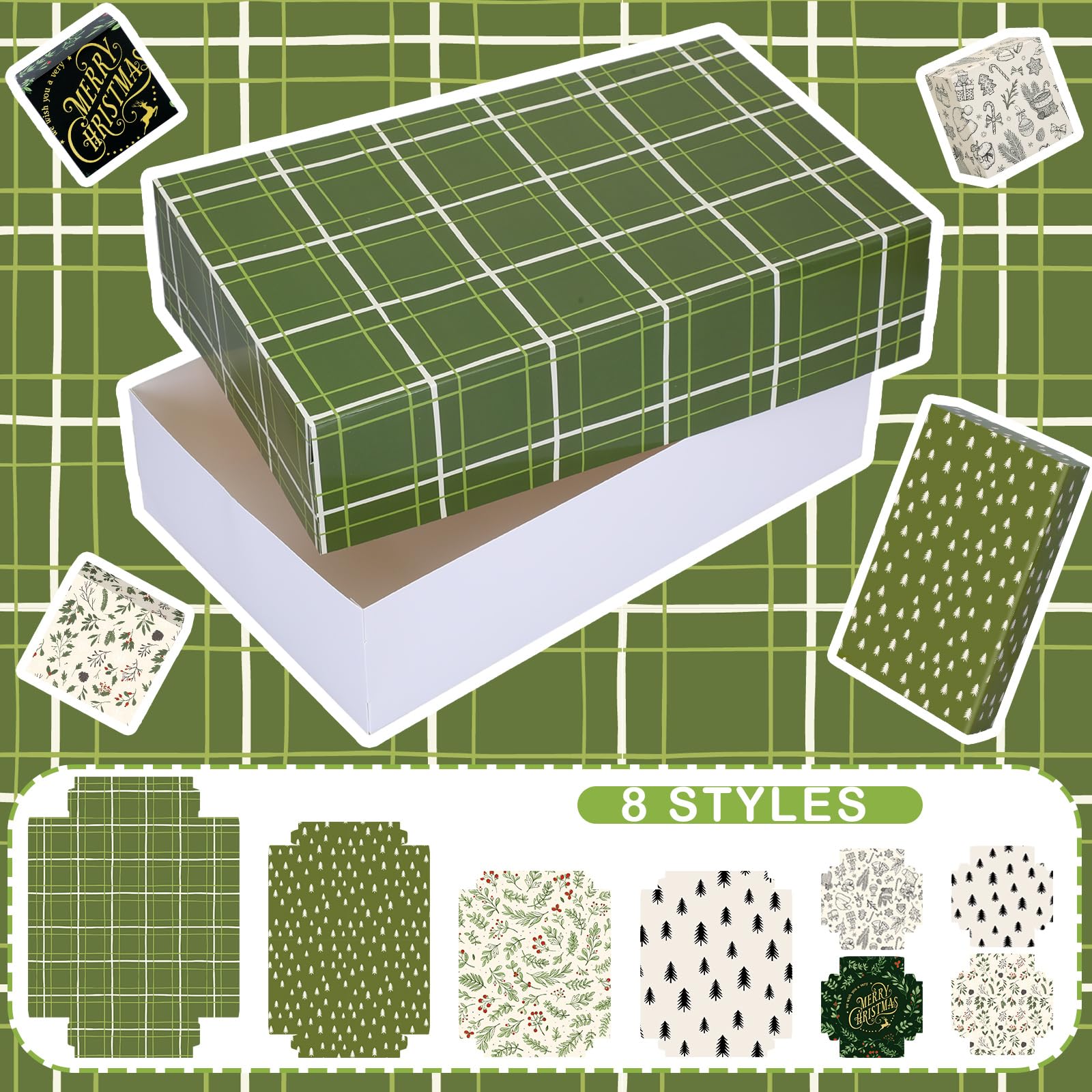 Qilery Lot de 24 boîtes cadeaux de Noël avec couvercles neutres à carreaux - 7 designs et 4 tailles - Boîtes cadeaux décoratives en kraft pour emballage de cadeaux de Noël