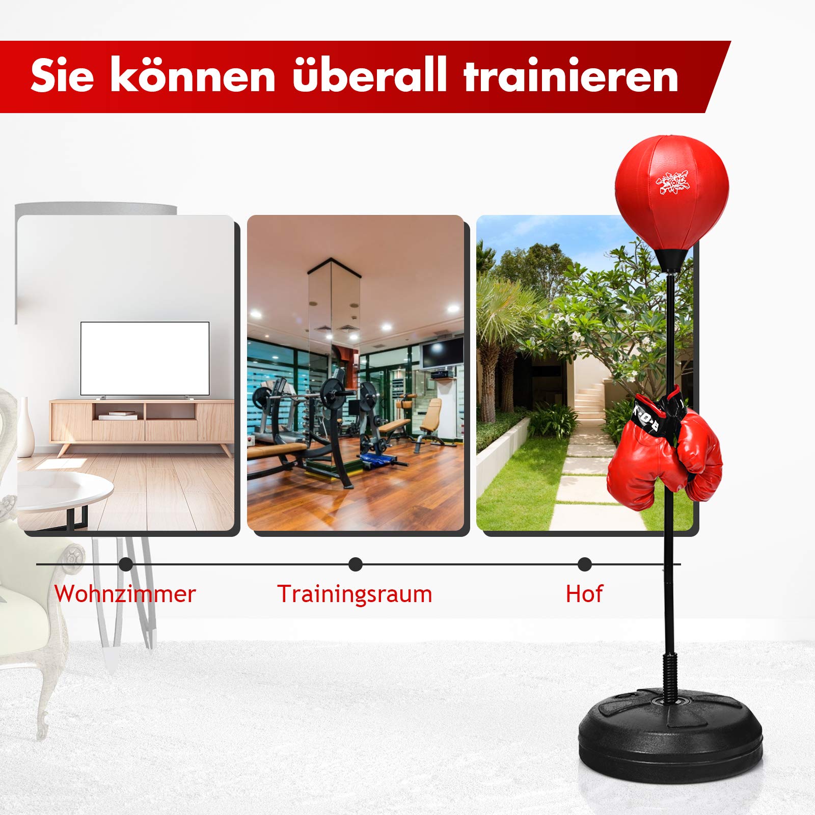 RELAX4LIFE Punchingball, aufblasbarer Boxball mit Boxhandschuhen & Luftpumpe, höhenverstellbarer Standboxball: 120-154 cm, Boxsack Set für Kinder & Jugendliche & Erwachsene, Box Set freistehend, rot