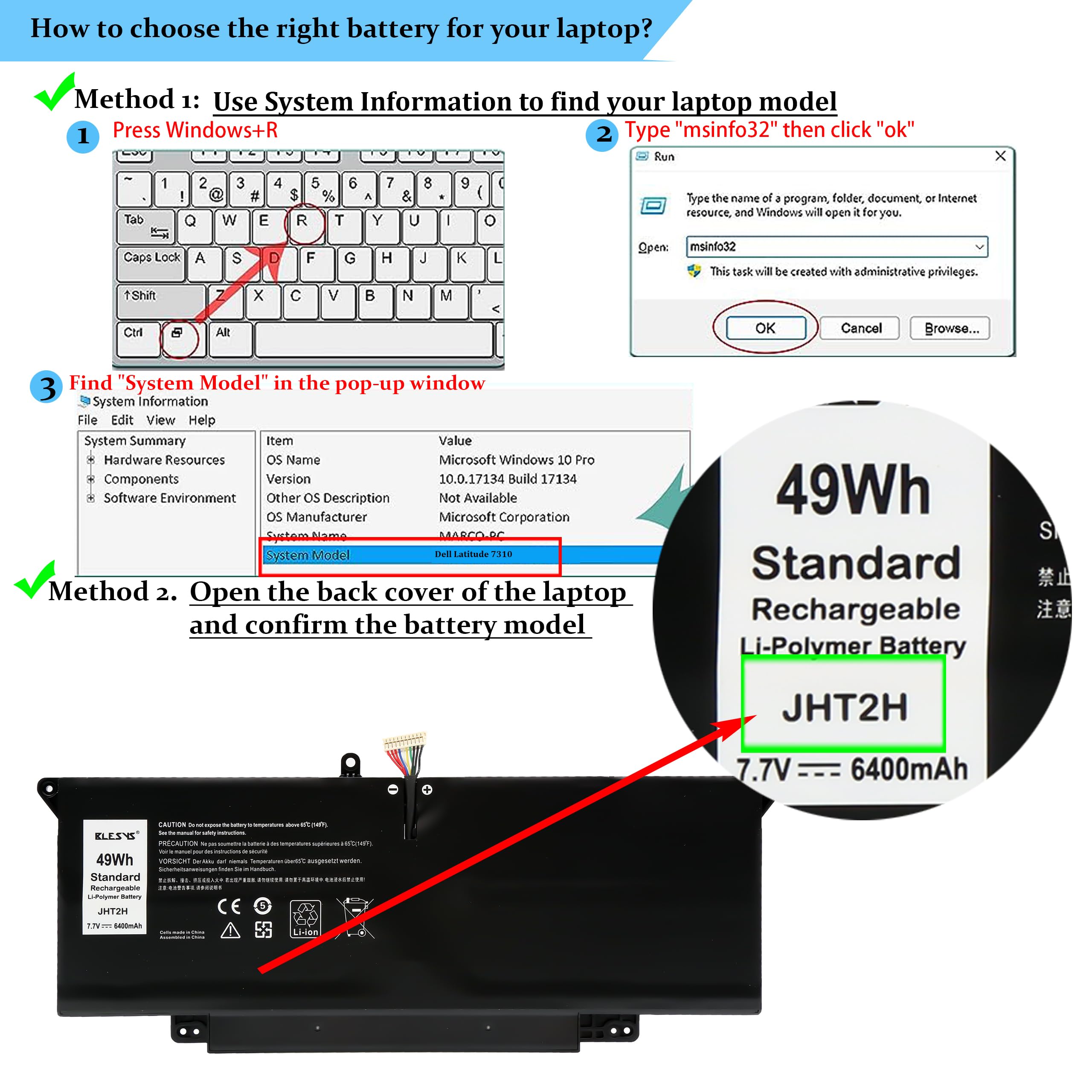 BLESYS Batterie pour Dell Latitude 7310 7410 JHT2H