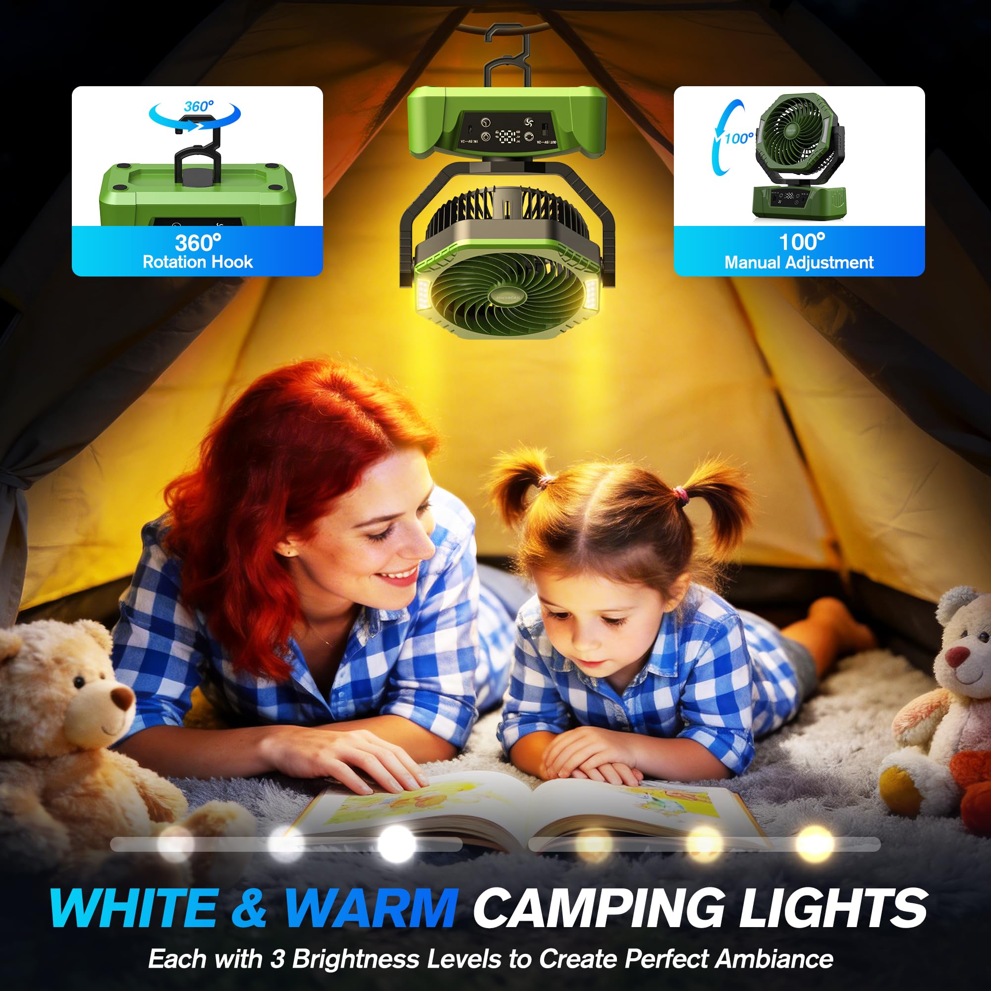 kejector Ventilatore da campeggio con luce a LED, batteria ricaricabile da 24000 mAh, portatile, con gancio, ventilatore da scrivania, USB, telecomando, 6 velocità, per tenda all'aperto, viaggi
