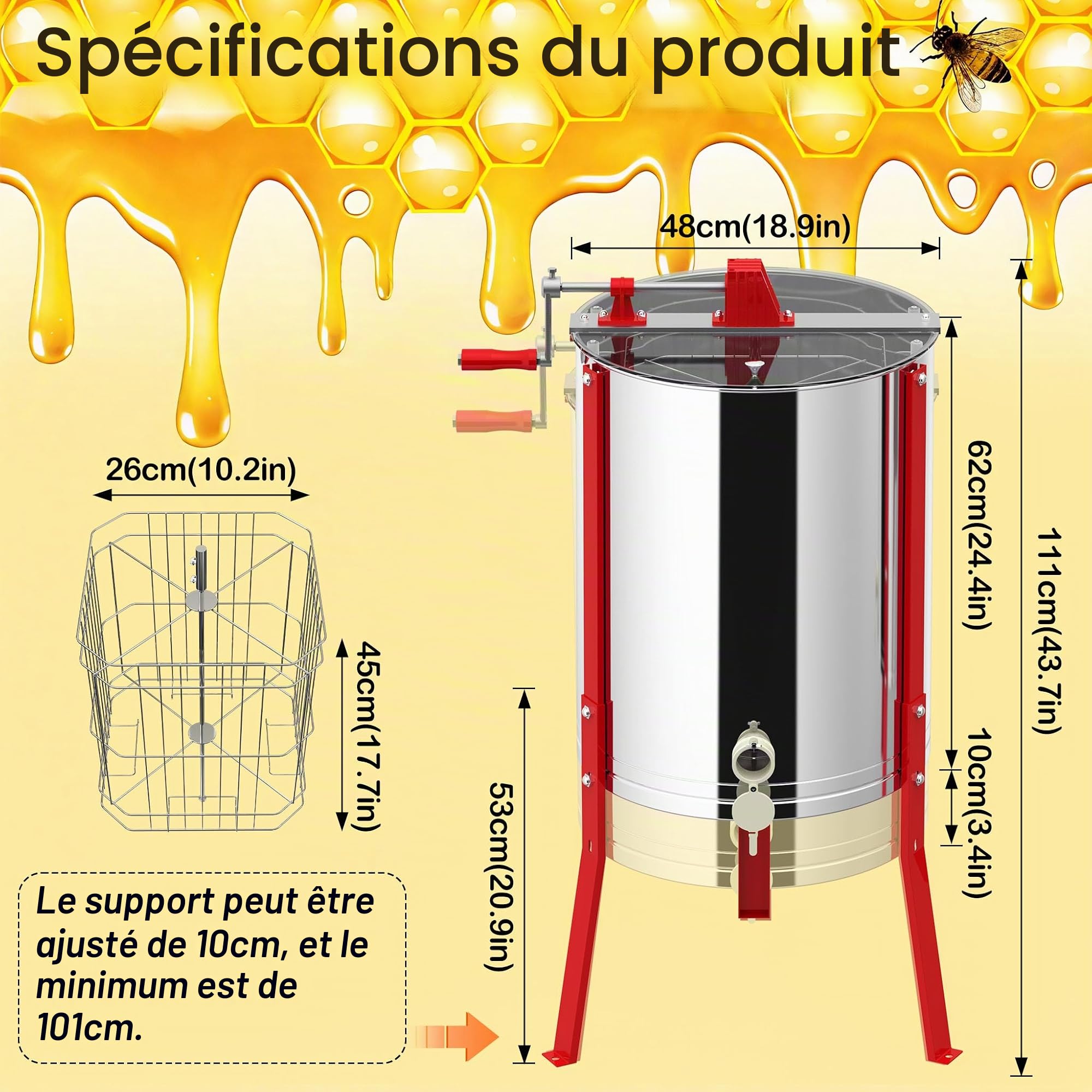 LZQ Extracteur de miel manuel en acier inoxydable pour 4 cadres, extracteur de miel centrifuge à manivelle, extracteur de miel pour apiculture, réglable en hauteur, accessoires pour l'élevage des