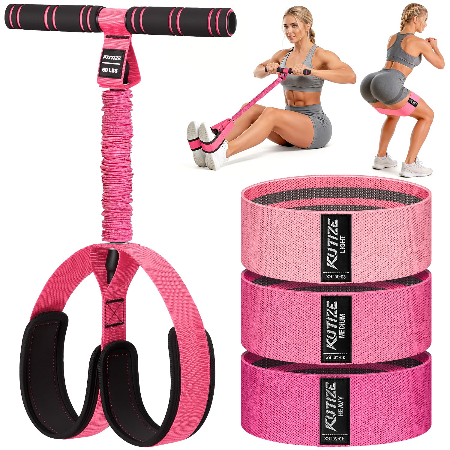 KUTIZE Pedal Resistance Band with Handle and Booty Bands Set for Women, 2 in 1 Fabric Exercise Bands for Core, Leg and Glutes, Full Body Home Gym Exercise Equipment for Yoga, Pilates, Physical Therapy