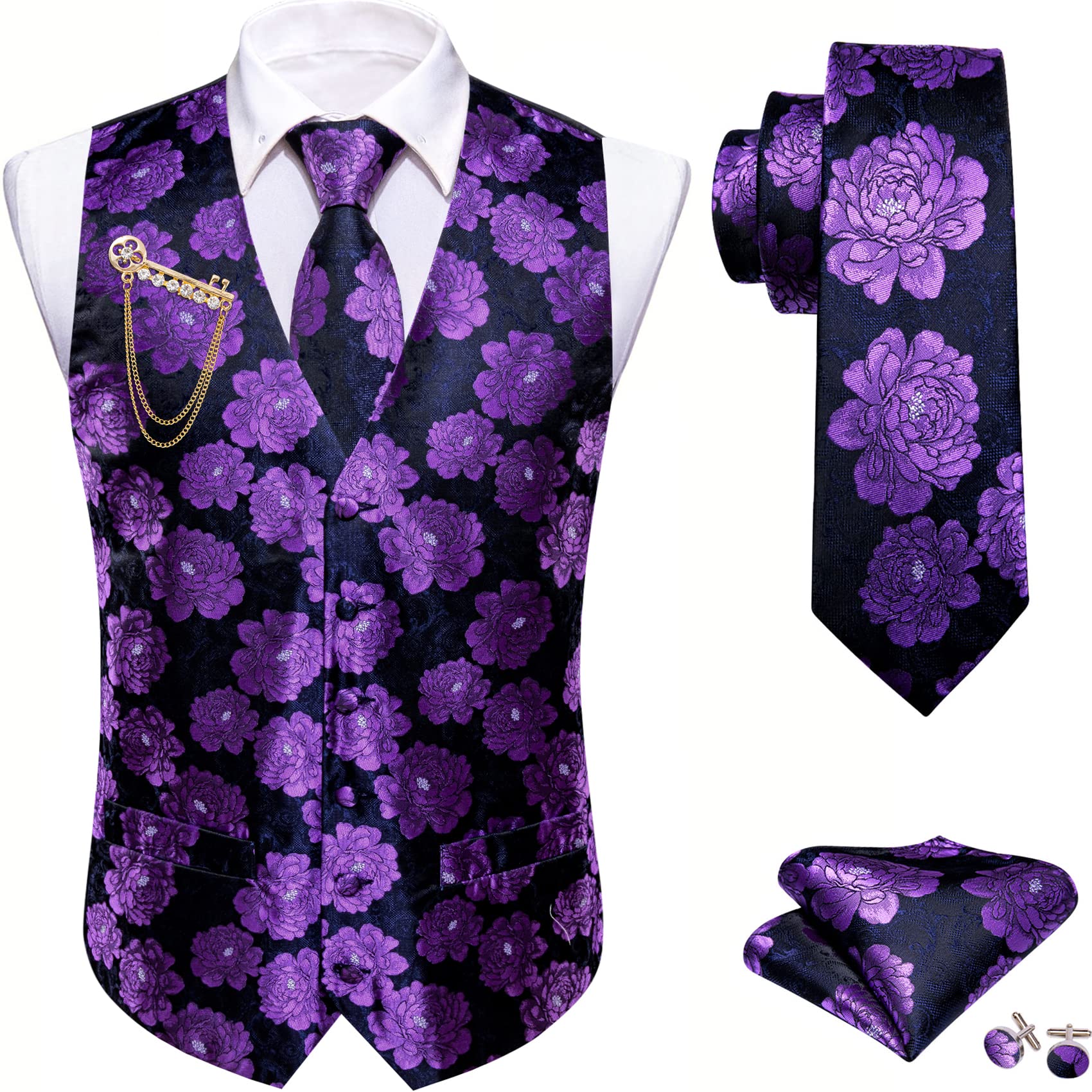 Barry.Wang Mens Suit Vest Floral Silk Waistcoat Ties Formal/Leisure 5PCS