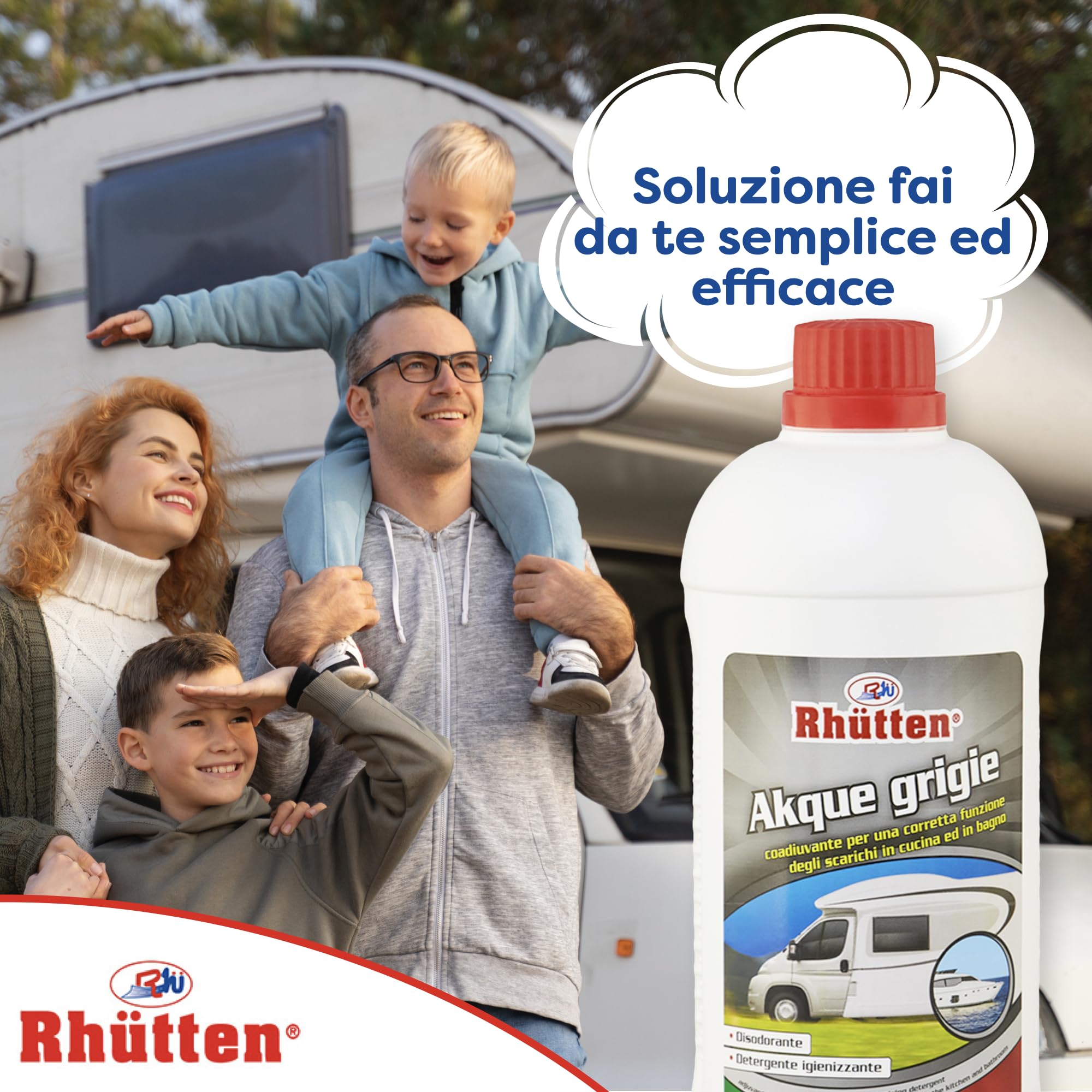 Rhutten Liquido Igienizzante per Acque Grigie Camper, Antiodorante e Igienizzante per Acque Chiare, 1L