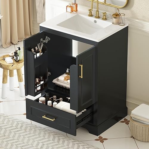 Harper & Bright Designs 24" Bathroom Vanity with Sink, Free Standing Single Basin Vanity with Divided Drawer & 2 Doors with Double Shelf, Wooden Storage Cabinet with Ceramic Basin for Bathroom, Black