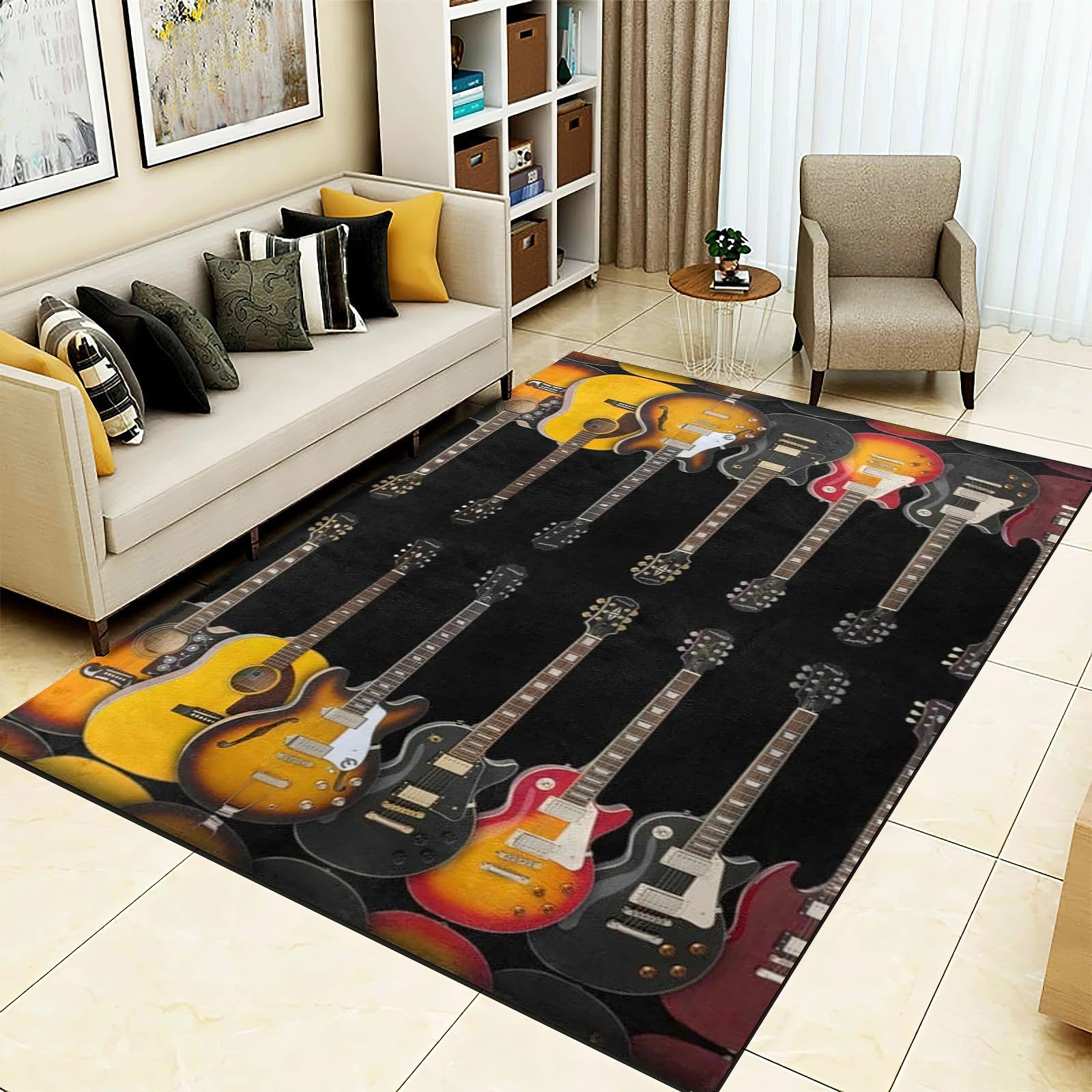 2X3 Rug Small Vintage Guitar Black Washable Rug Guitar Music Lovers Music Bedroom Rug Decorative Rug, Easy Clean Carpet with Anti-Slip Backing for
