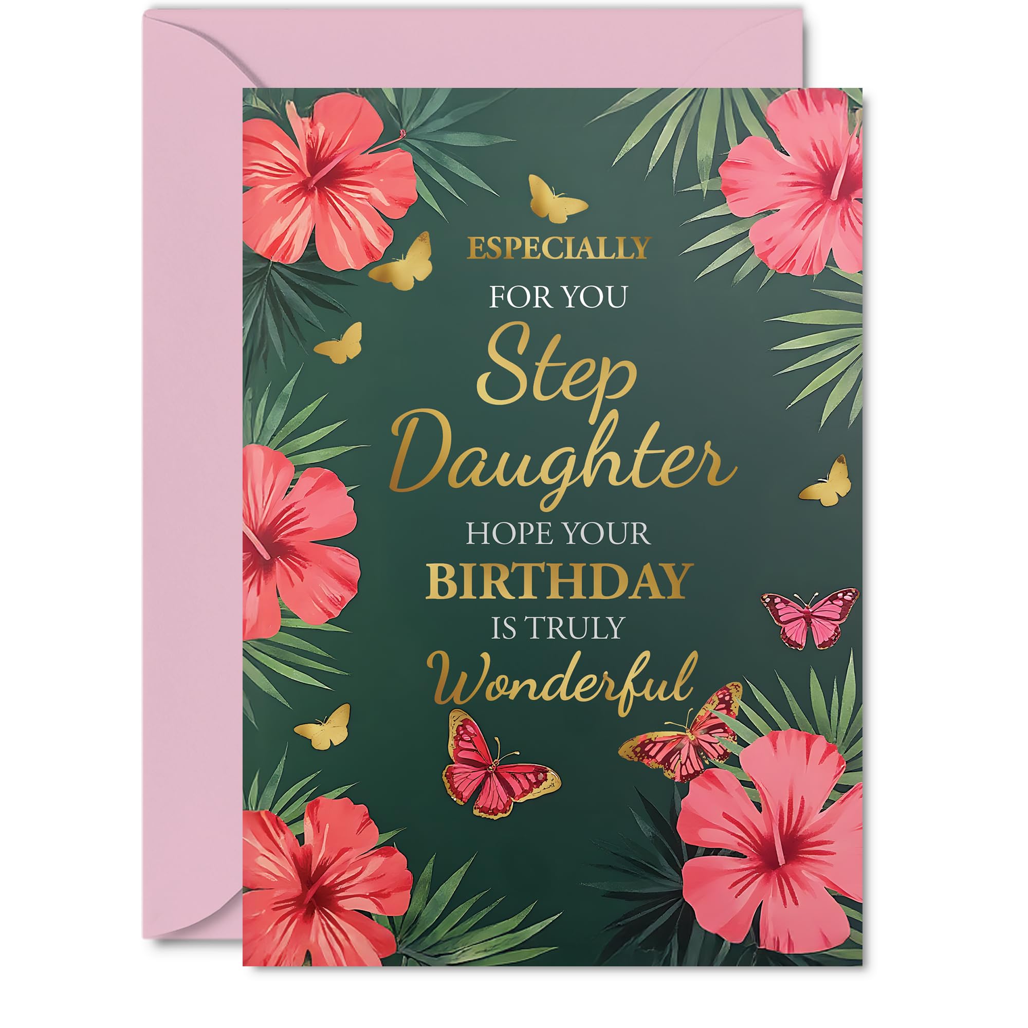 Gold Step Daughter Birthday Card, Butterflies & Flowers