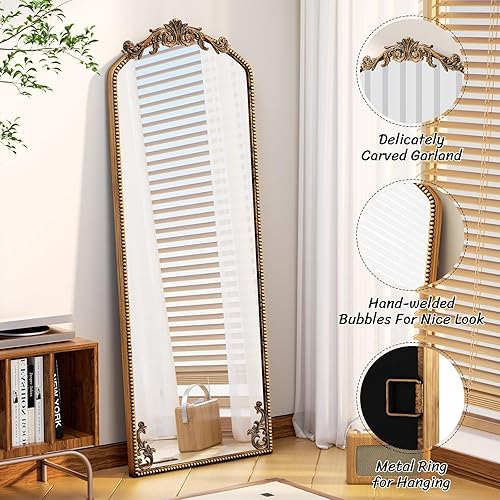 Miniatura 4 de Espejo barroco adornado vintage dorado de 65 x 22 pulgadas, espejo de piso de longitud completa, espejo grande de bronce antiguo arqueado para