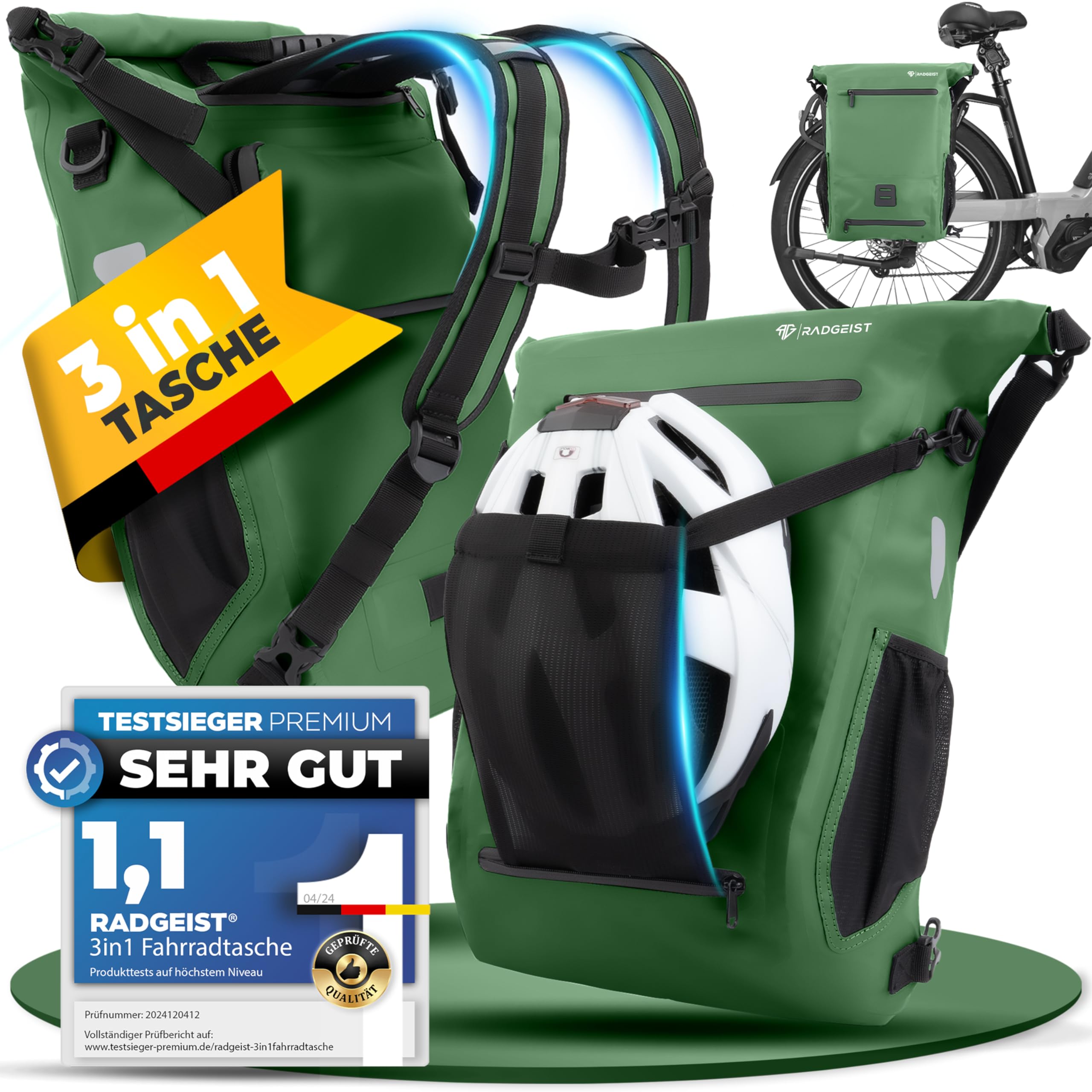 RADGEIST 3in1 Fahrradtasche für Gepäckträger I Gepäckträgertasche, Rucksack & Umhängetasche 18-22L I Tasche für Fahrrad 100% wasserdicht Grün Sport & Freizeit