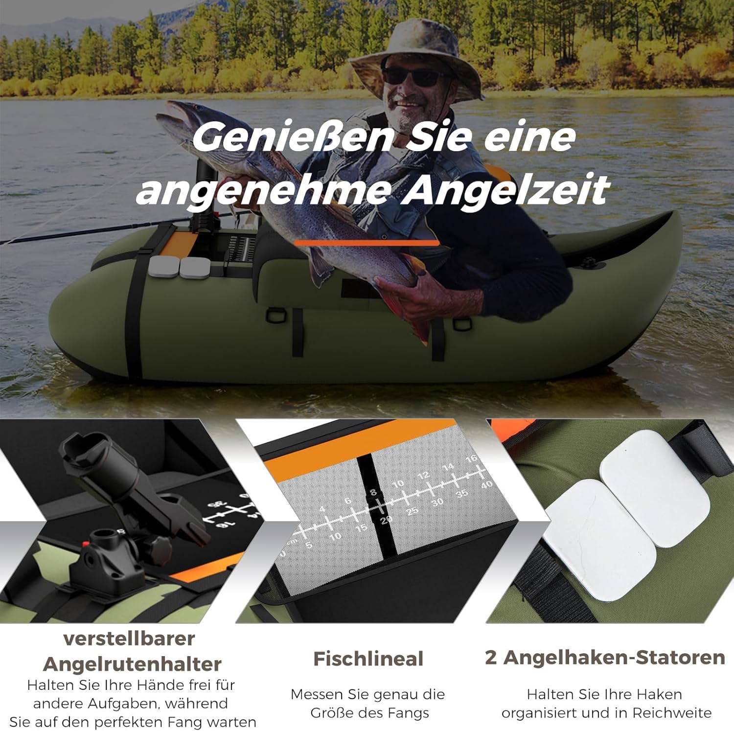 FANTASK Gonfiabile Schlauchboot, barca da pesca con pompa, remi, cinture, Bellyboat per adulti, capacità di carico 150 kg, 135 x 109 x 54 cm (Verde)