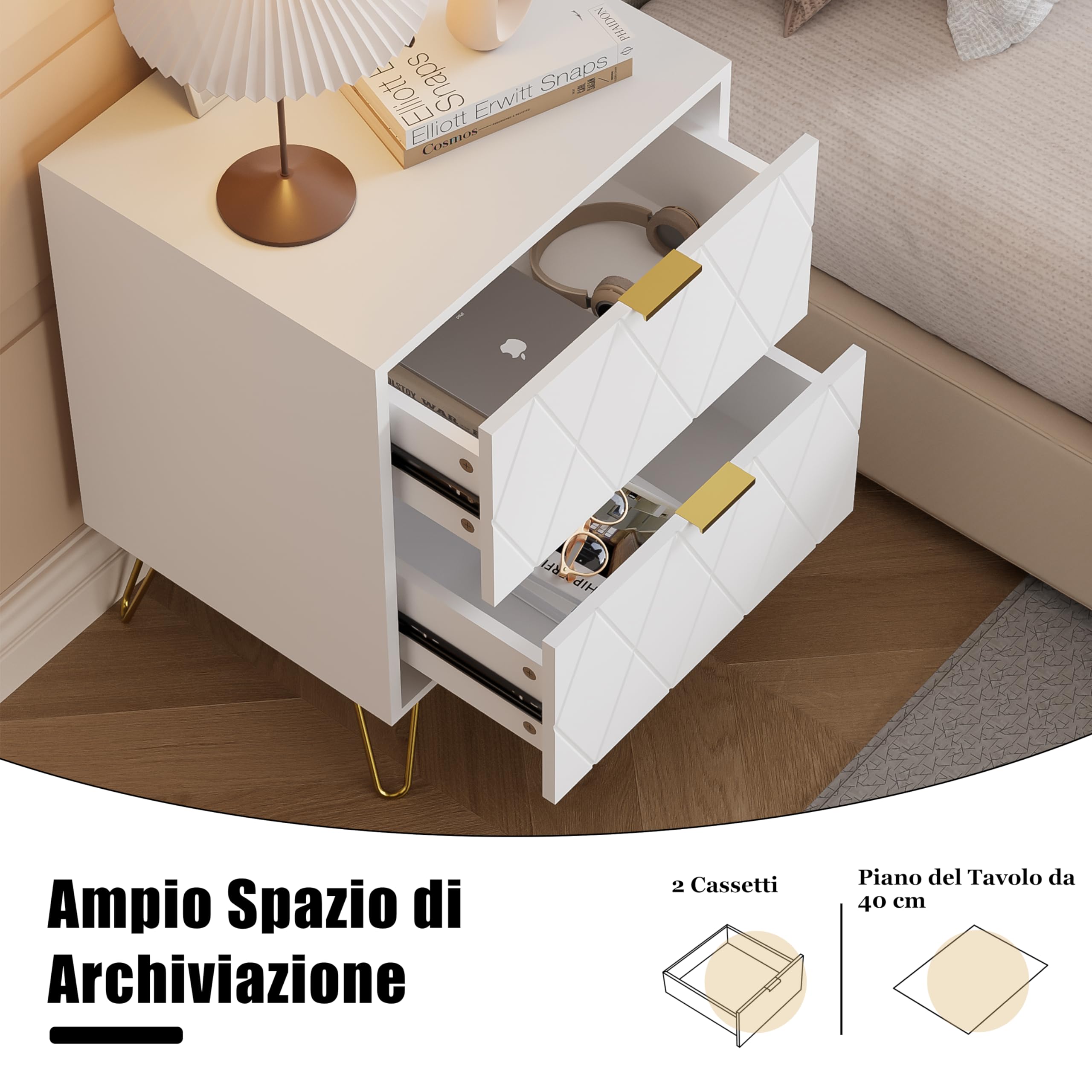 UEV Comodino Bianco Set di 2, Tavolini con 2 Cassetti in Legno ingegnerizzato Robusto, Comodino Piccolo Moderno con Maniglie e Gambe in Oro Cromato per Camera da Lett, 40 x 30 x 52 cm, Bianco