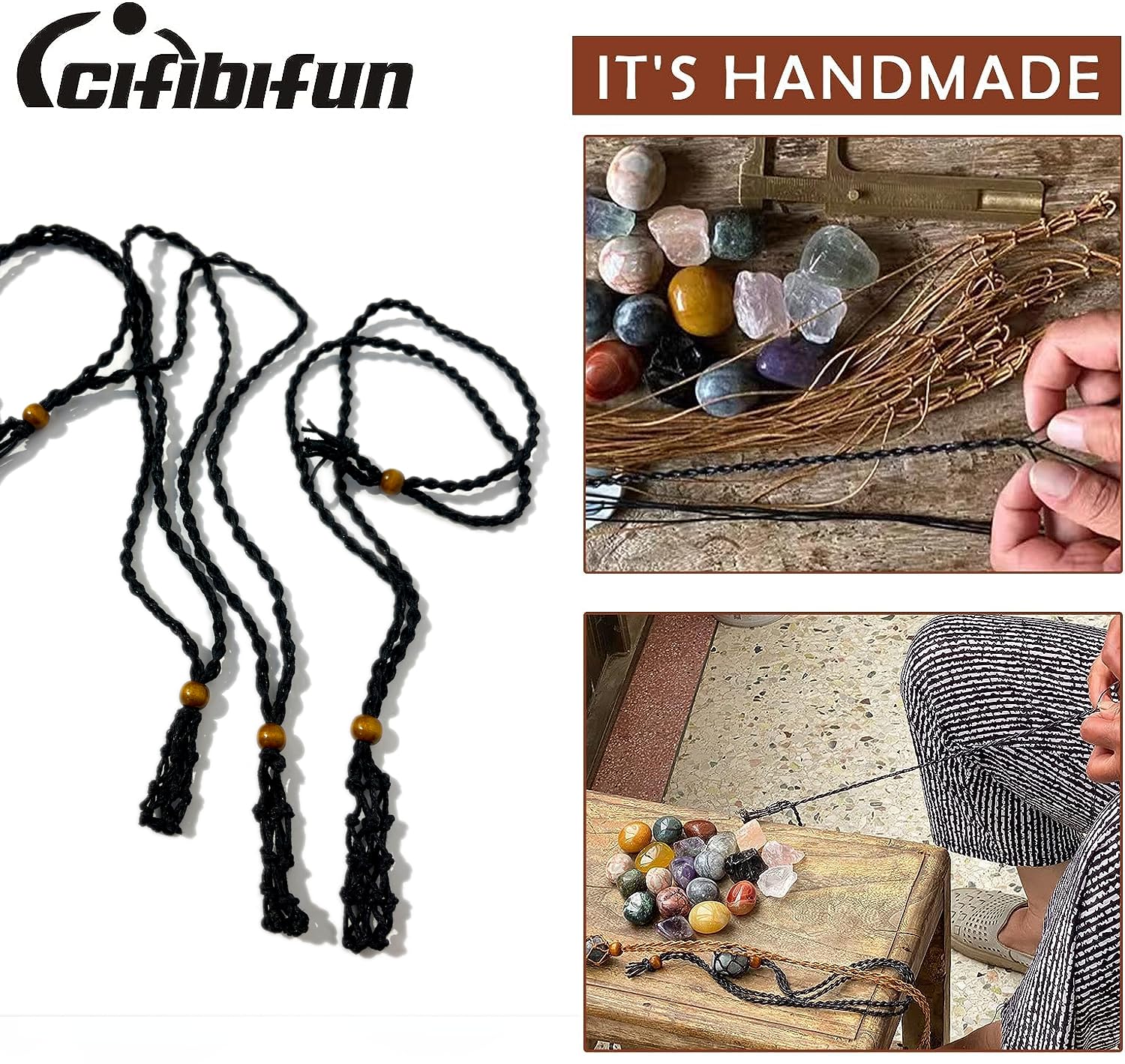 CIFIBIFUN Extra Super Large Black Necklace Cord Crystal Holders Handmade Quartz Cage, Diy Bracelet Jewelry Making Adjustable Wooded Beads (Extra Large)