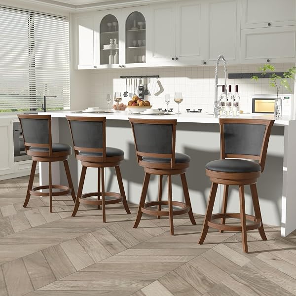 Betterhood Counter Height Swivel Bar Stools - High Back Swivel Barstools with Black Faux Leather Upholstered Seat & Soli