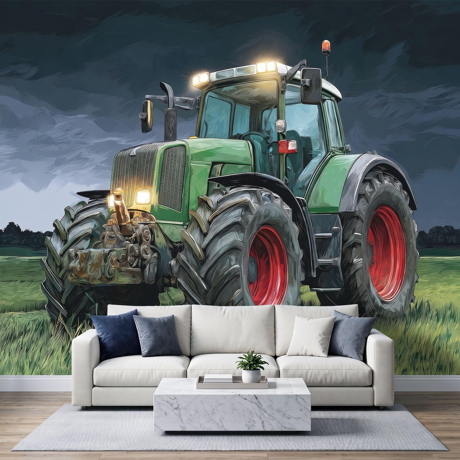 Fototapeta z efektem 3D, obszar wiejski, traktor, łąki, niebiesko-zielona, tapeta 500 x 280 cm, tapeta z włókniny, nowoczesna tapeta ścienna do salonu, sypialni, pokoju dziecięcego, dekoracja ścienna