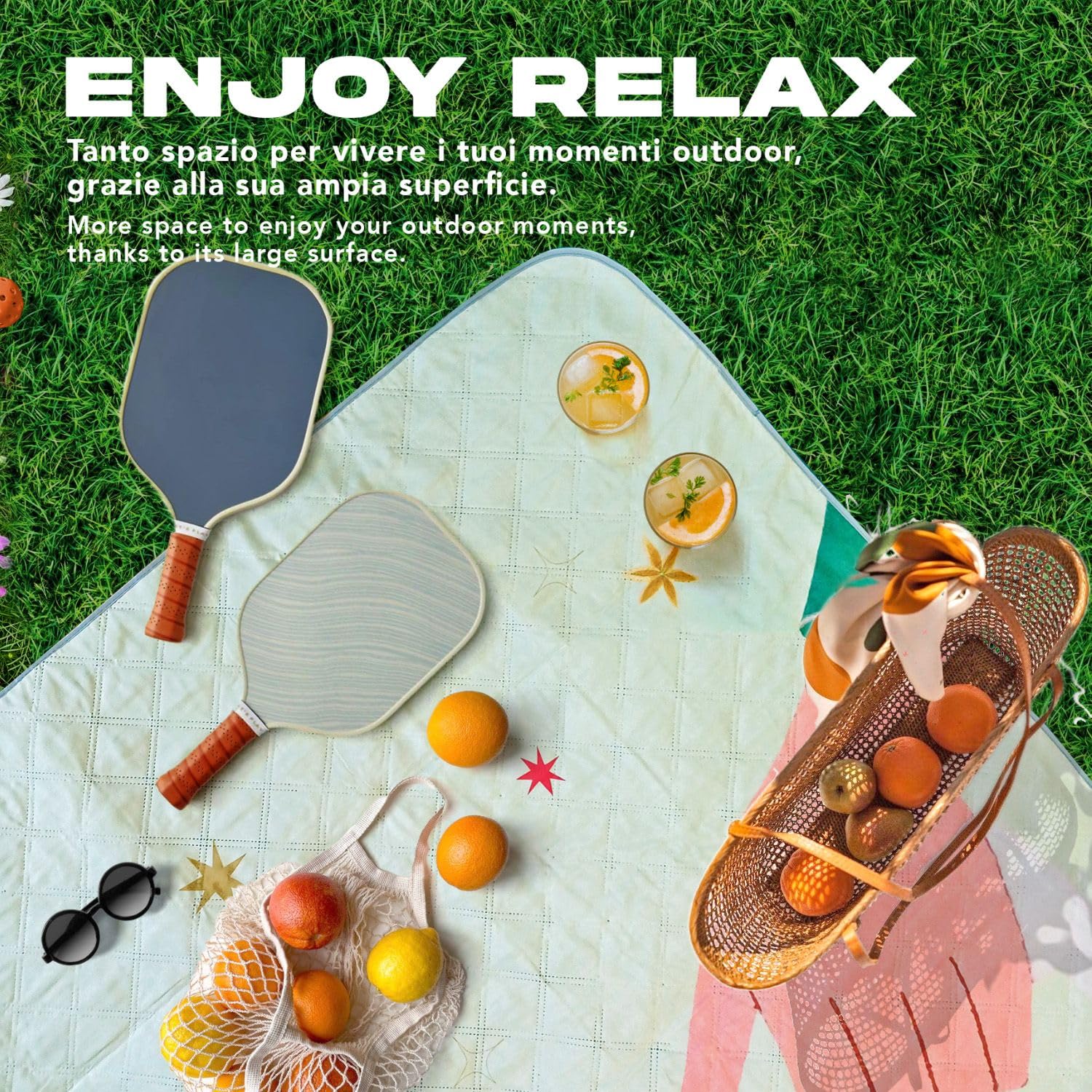 PERLETTI Telo Picnic Impermeabile Adulto 200x200 - Coperta Pic Nic Grande per Famiglia Spiaggia Montagna Parco Giardino - Tappeto da Campeggio per Esterno Portatile Pieghevole (Gin & Tonic, 200x200)
