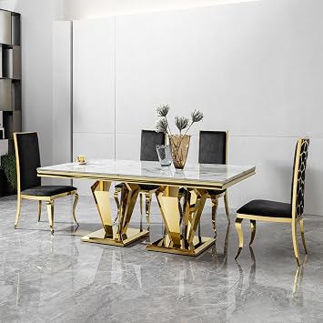 66.9" Dining Table for 4-6,Elegant Kitchen Table with Faux Marble Top Dining Room Furniture with Gold Base MDF Imitaion Marble Grain Top for Kitchen Dining Room/Meeting Room