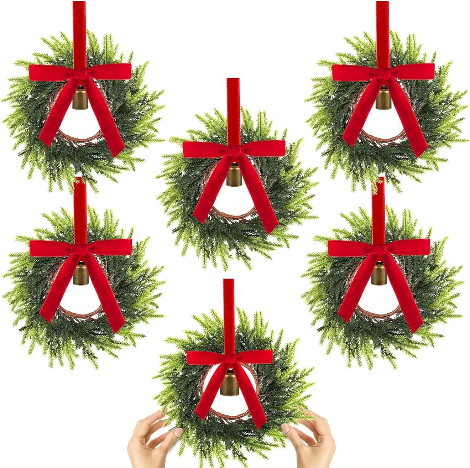 6 Pcs Christmas Deep Red Pine Needle Wreath Bulk Artificial 10 Inch Green Leaves for Front Door Cabinets Wreath Indoor Outdoor Wall Decor Christmas Wall Home Kitchen Decoration