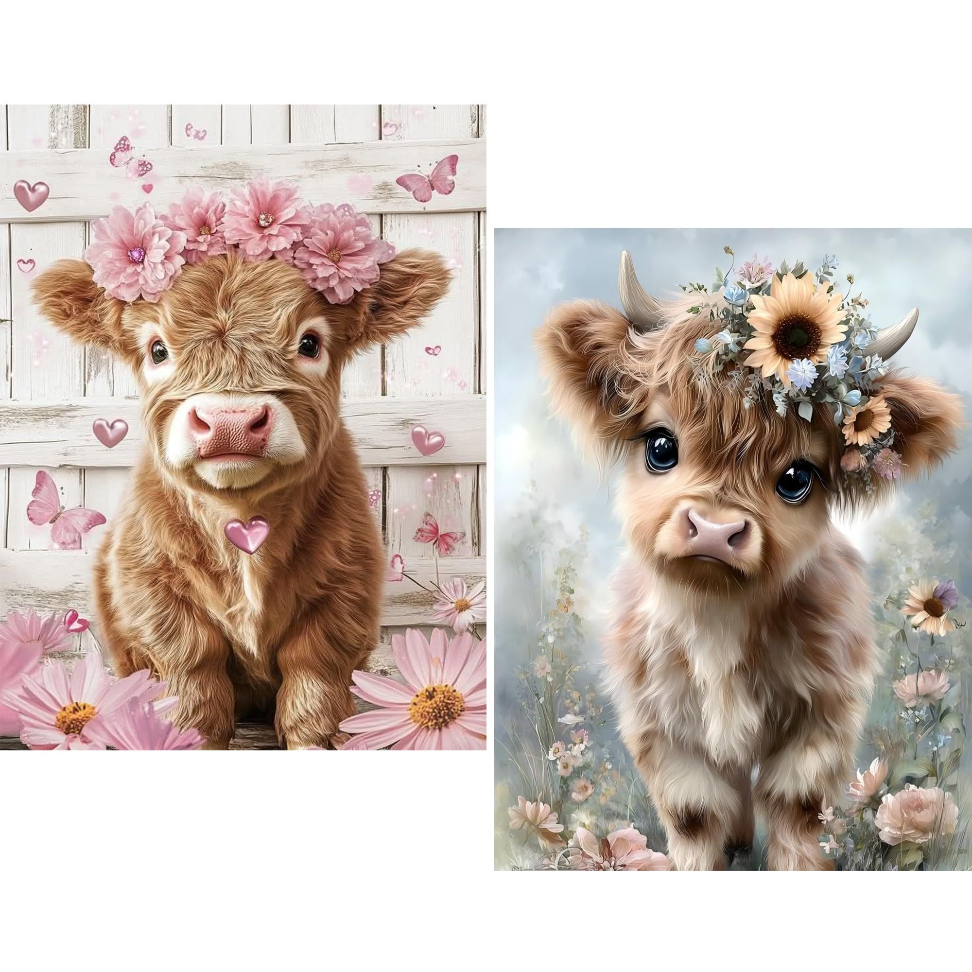 HKLIOPU 2Pack Highland Cow Diamond Art Kits for Adults Beginners, Full Round Drill Diamond Painting Kits, Gem Art Crystal Kits DIY Kids and Crafts Home Decor 12x16 Inch