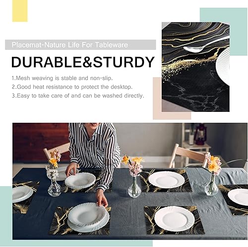 Miniatura 3 de Housedoit Manteles individuales negros y dorados para mesa de cocina, comedor, resistentes al calor, antideslizantes, lavables, de PVC, fáciles de