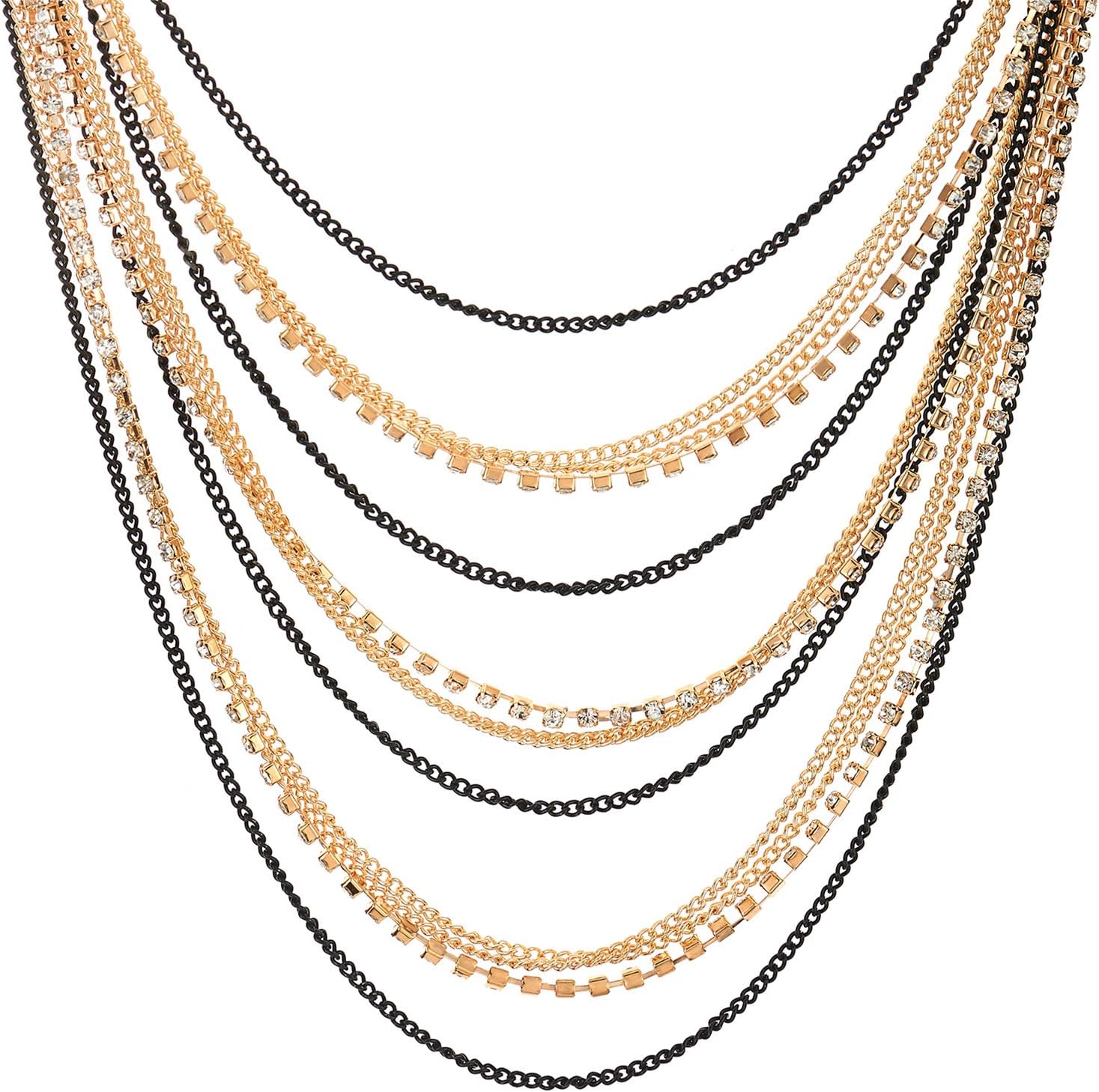 Waterfall Multi-Strand Chains Statement Collar Necklace with Rhinestones Chains, Dress - Image 2