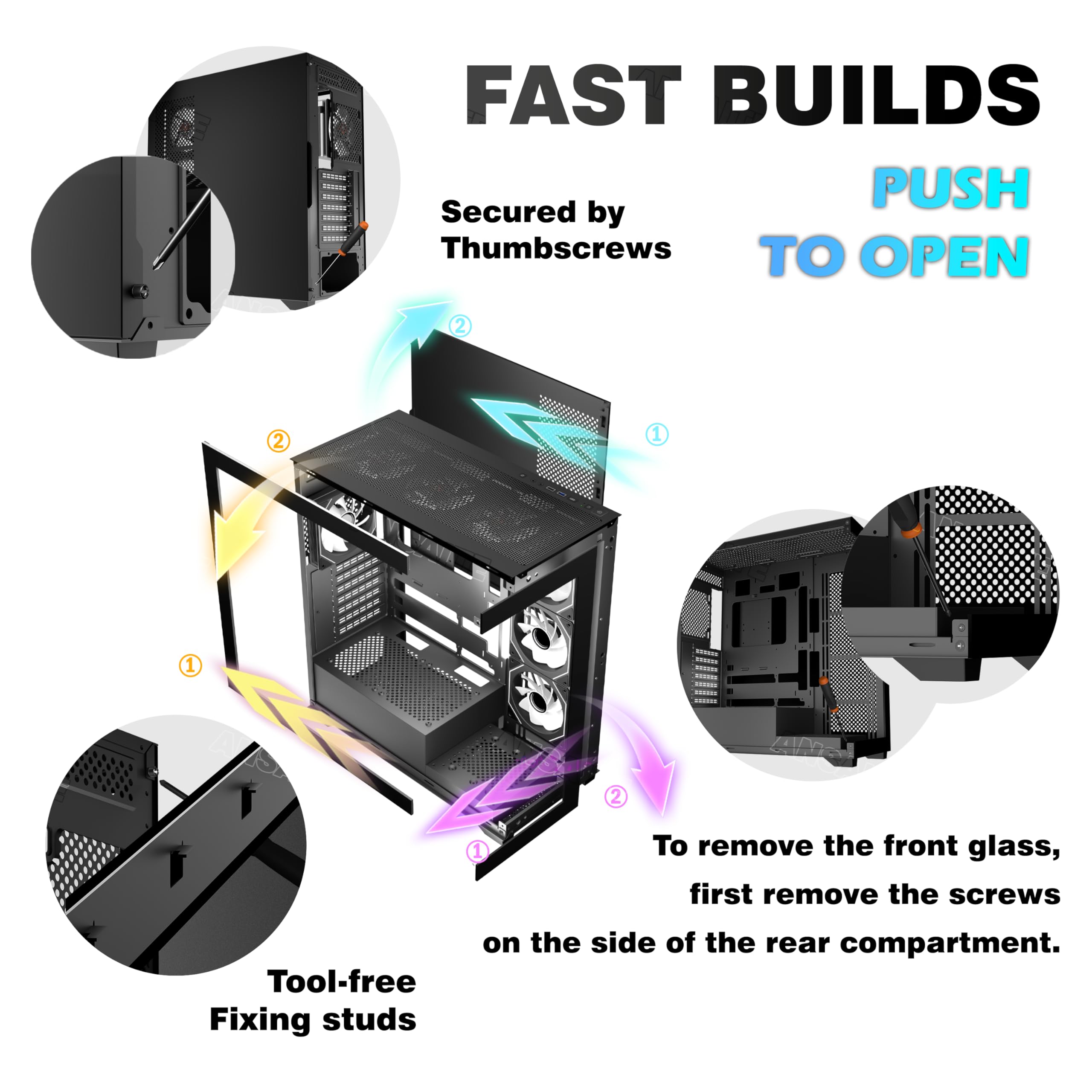 ANSAITE C9 PC Case Pre-Installed 7 × 120mm PWM ARGB Fans, ATX Mid Tower PC Gaming Case, Computer case with Panoramic View Tempered Glass Front & Side Panel, Type C Port, Black — view 8