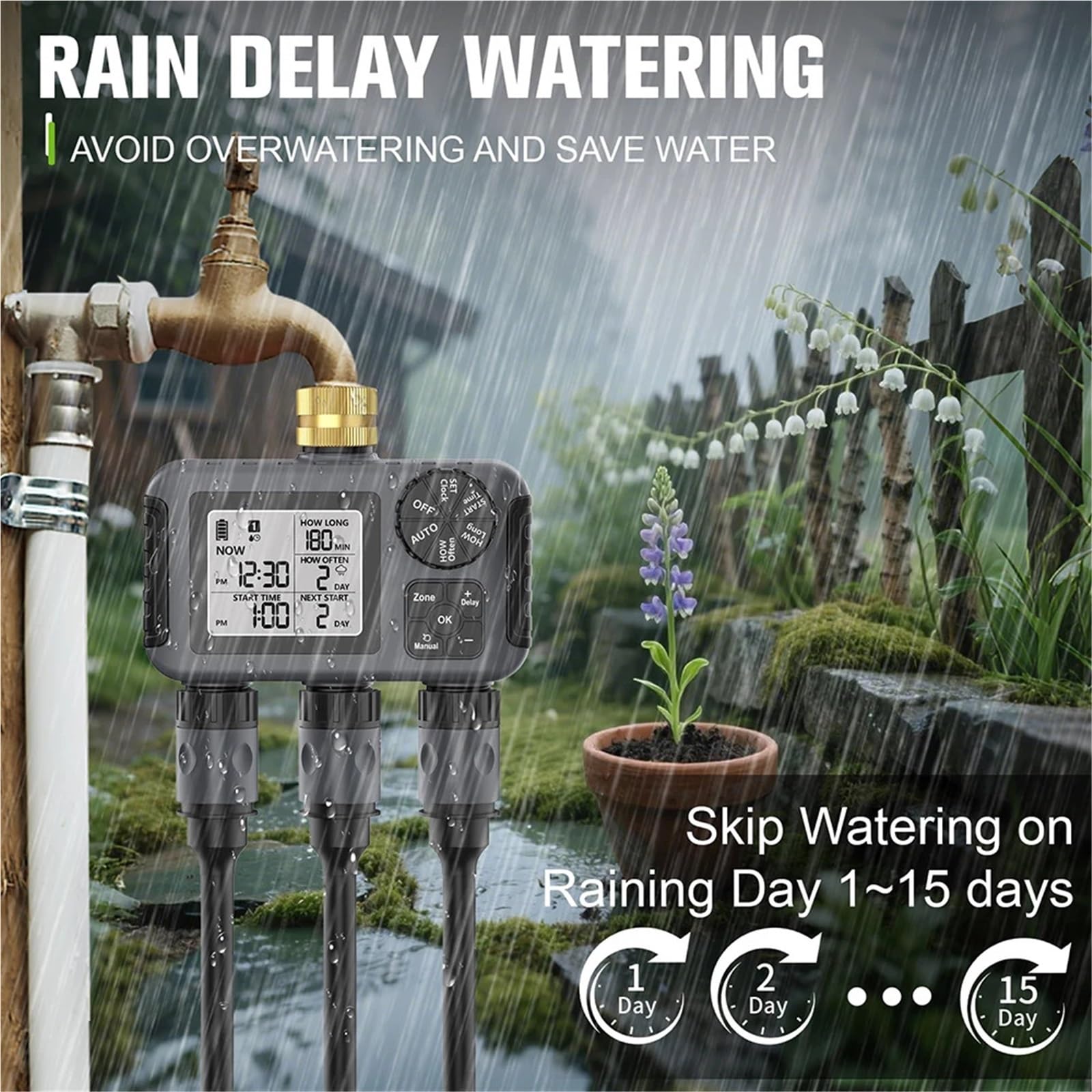 Di irrigazione intelligente for irrigazione a 3 prese Rubinetto in rame Tubo flessibile Cospargere timer automatico for l'acqua IPX5 Timer digitale for acqua a 3 zone