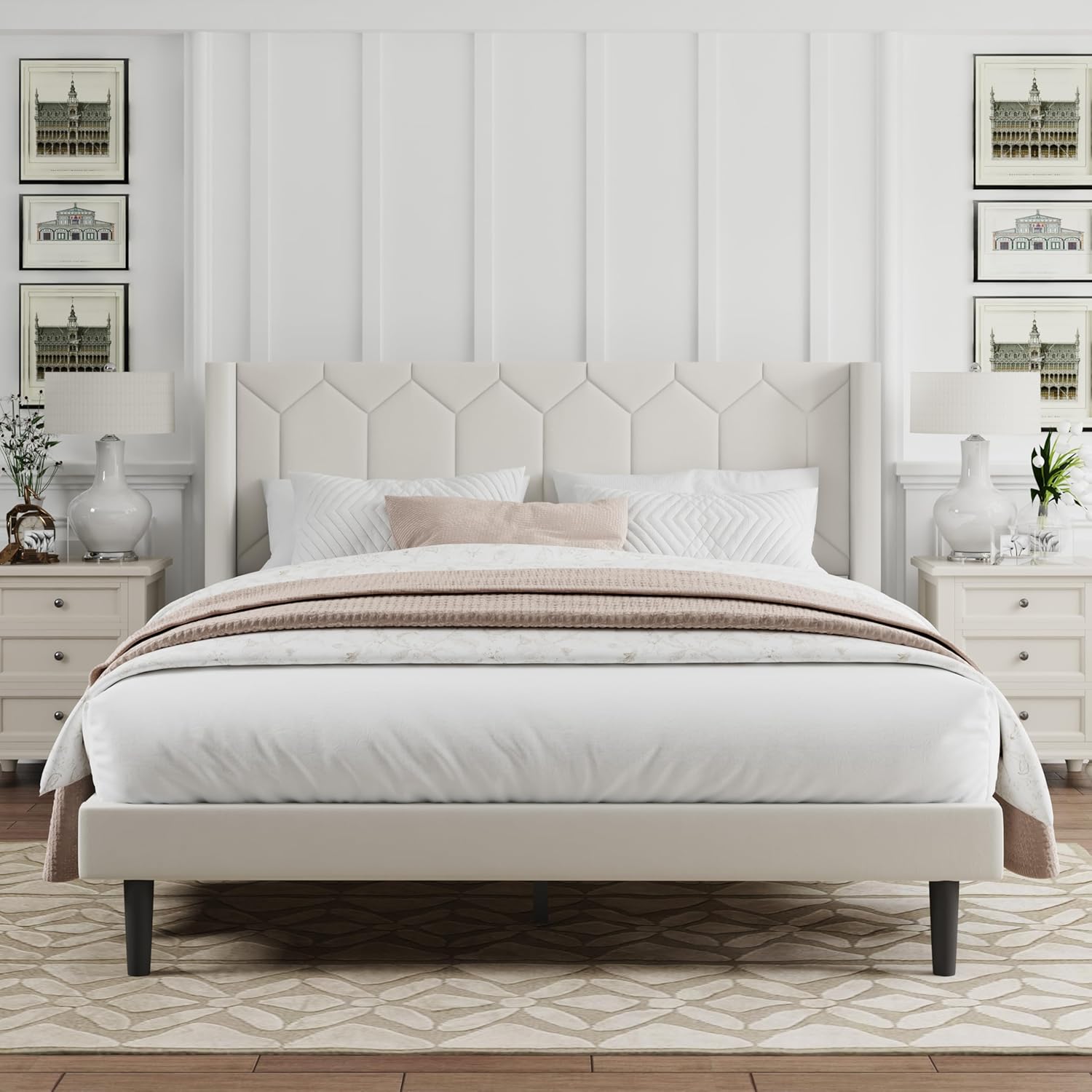 Queen Size Bed Frame with Headboard, Velvet Upholstered Platform Bed Frame No Box Spring Needed, Queen Sized Modern Bedframe with Strong Wooden Slats, Beige - Image 3