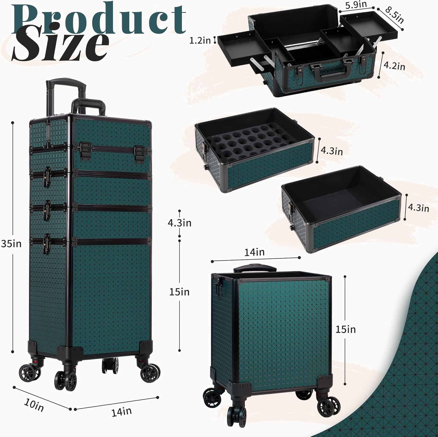 AROUS Rolling Makeup Train Case 4 in 1 Cosmetology Case on Wheels Large Storage Cosmetic Trolley with Key Salon Barber Traveling Cart Trunk, Green