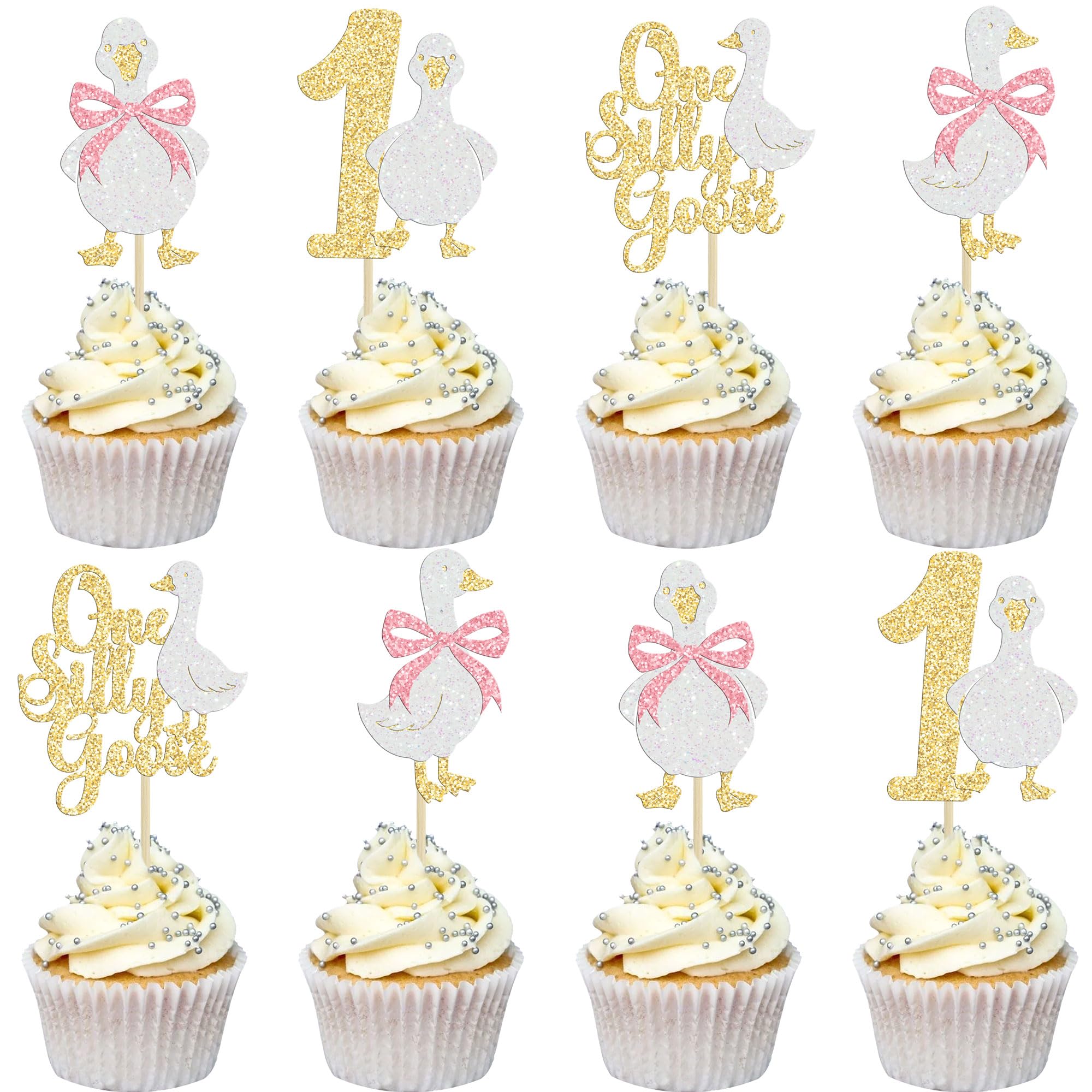 Ephlyn 24Pcs One Silly Goose Cupcake Toppers 1st Birthday Cupcake Picks Silly Goose Birthday Decorations for Baby Shower Boys Girls First Birthday Party Supplies Muti White Gold
