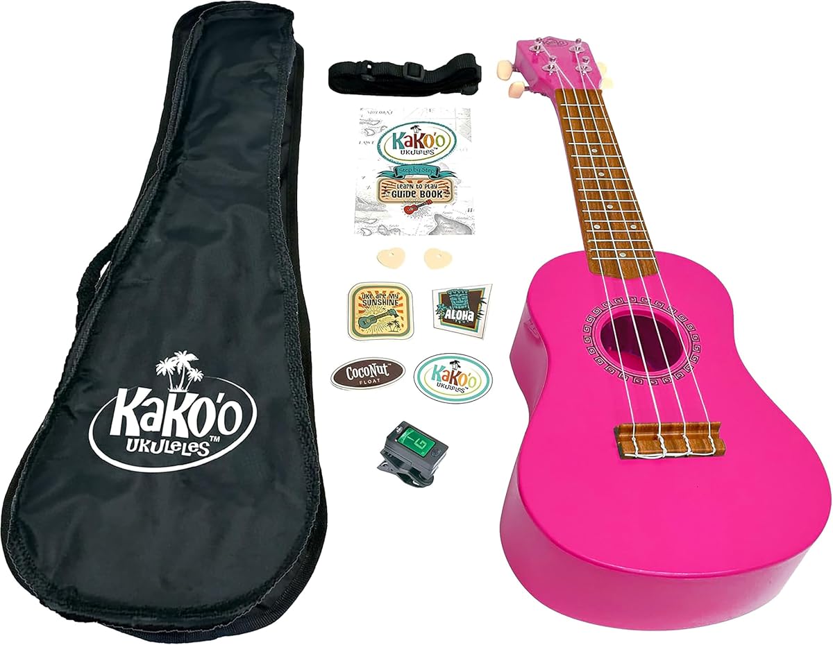 KaKo'o Music Soprano Ukulele (Hibiscus Pink) with Carrying Case & Playing Strap