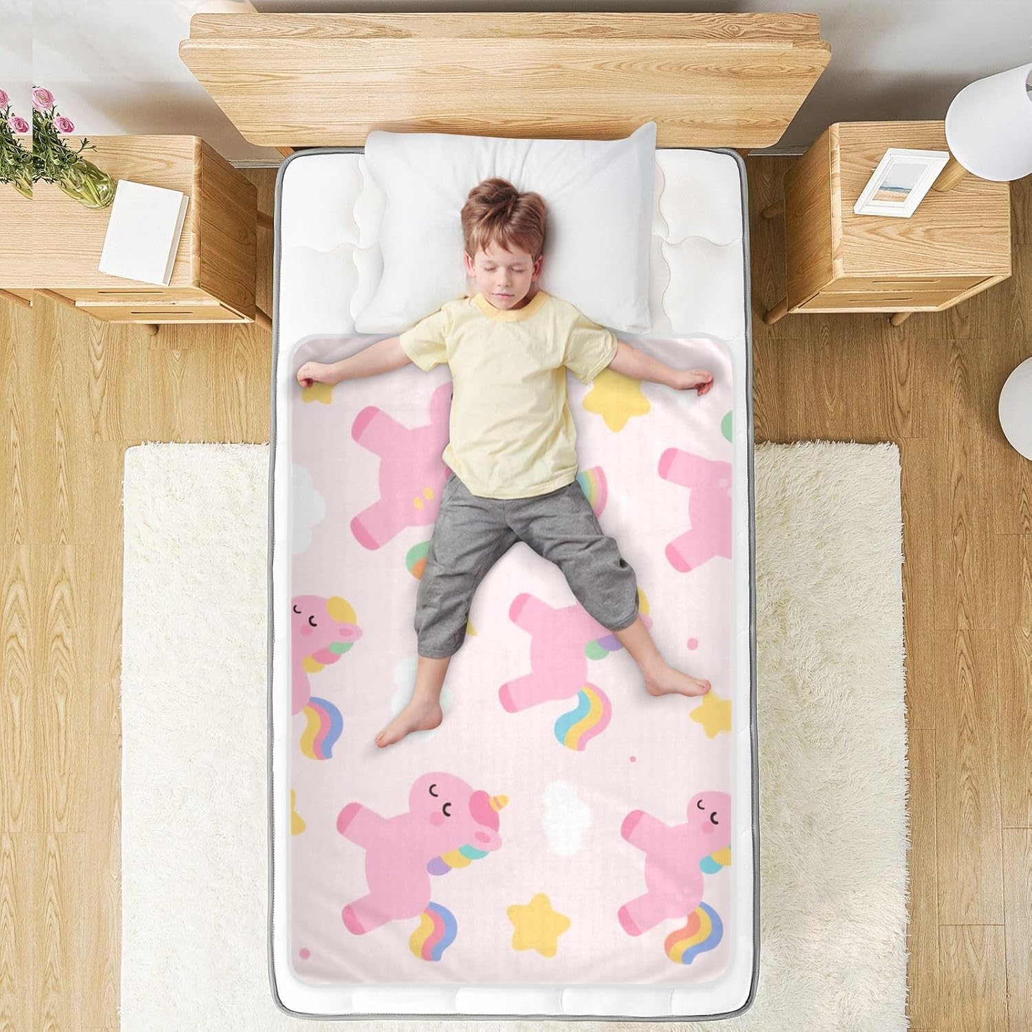 Cute Cartoon Pink Rainbow Unicorns Extra Large Resuable Training Pee Pads for Kids Soft Absorbent Bed Pad Slip-Resistant Cradle Mattress for Toddler Kids , 52" L x 34" W