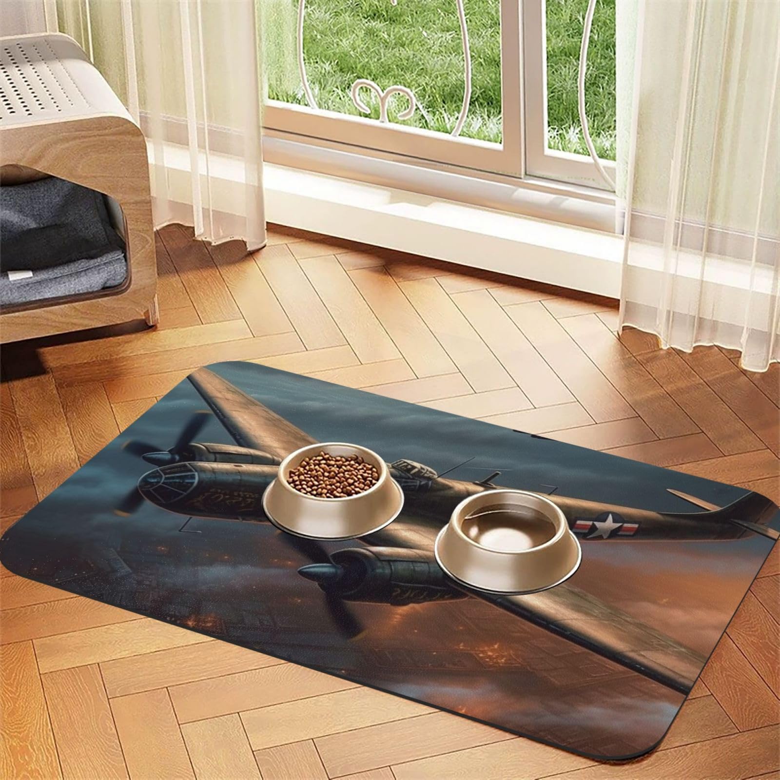 Tapis d'alimentation pour animal domestique World War motif avion en cuir PU 40x60cm