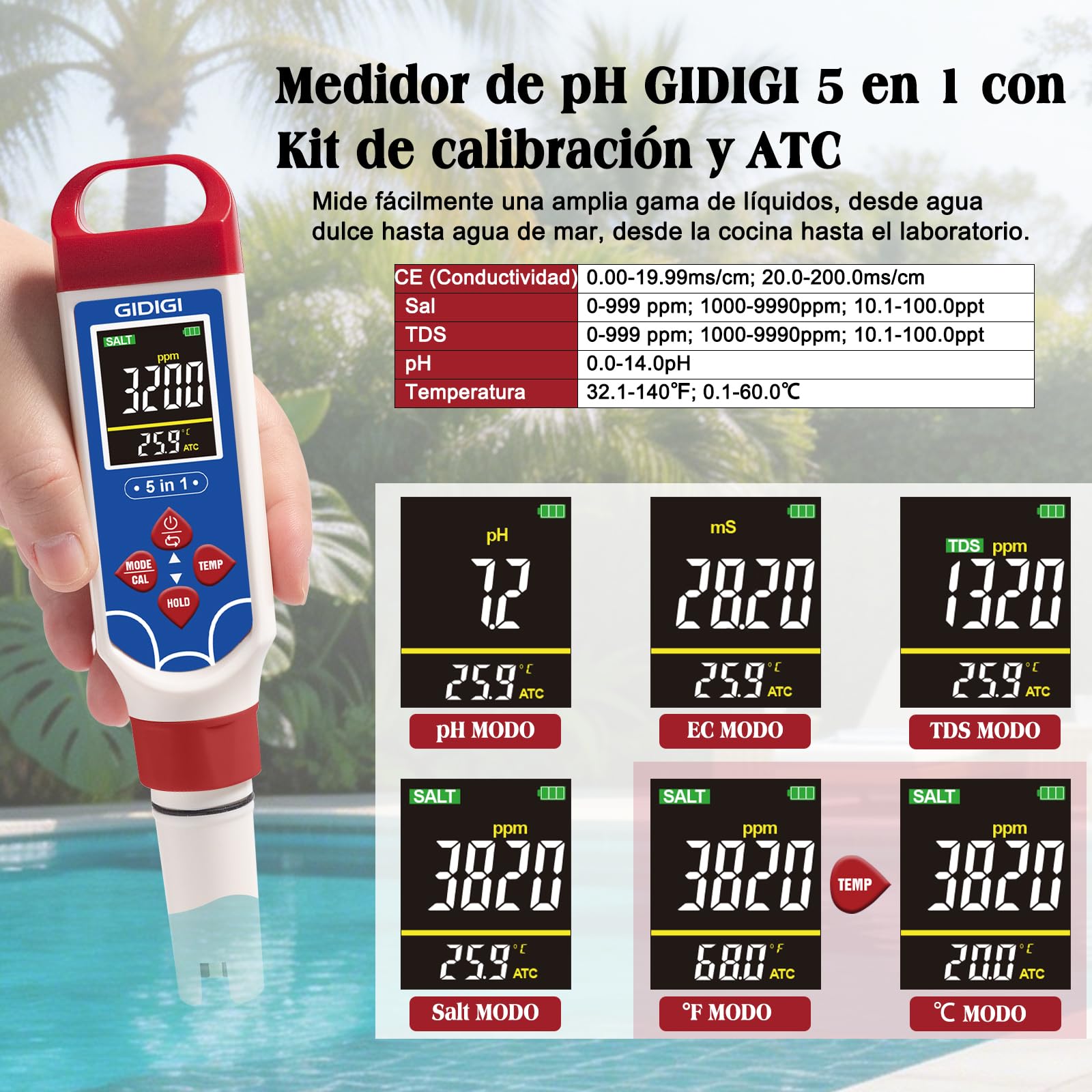 Medidor pH Piscina 5 en 1 Medidor de Salinidad con ATC y Función de Reinicio pH, Medidor de TDS EC para Agua Potable Medidor Sal Piscina Portátil Comprobador Salinidad para Pecera Acuarios Spa