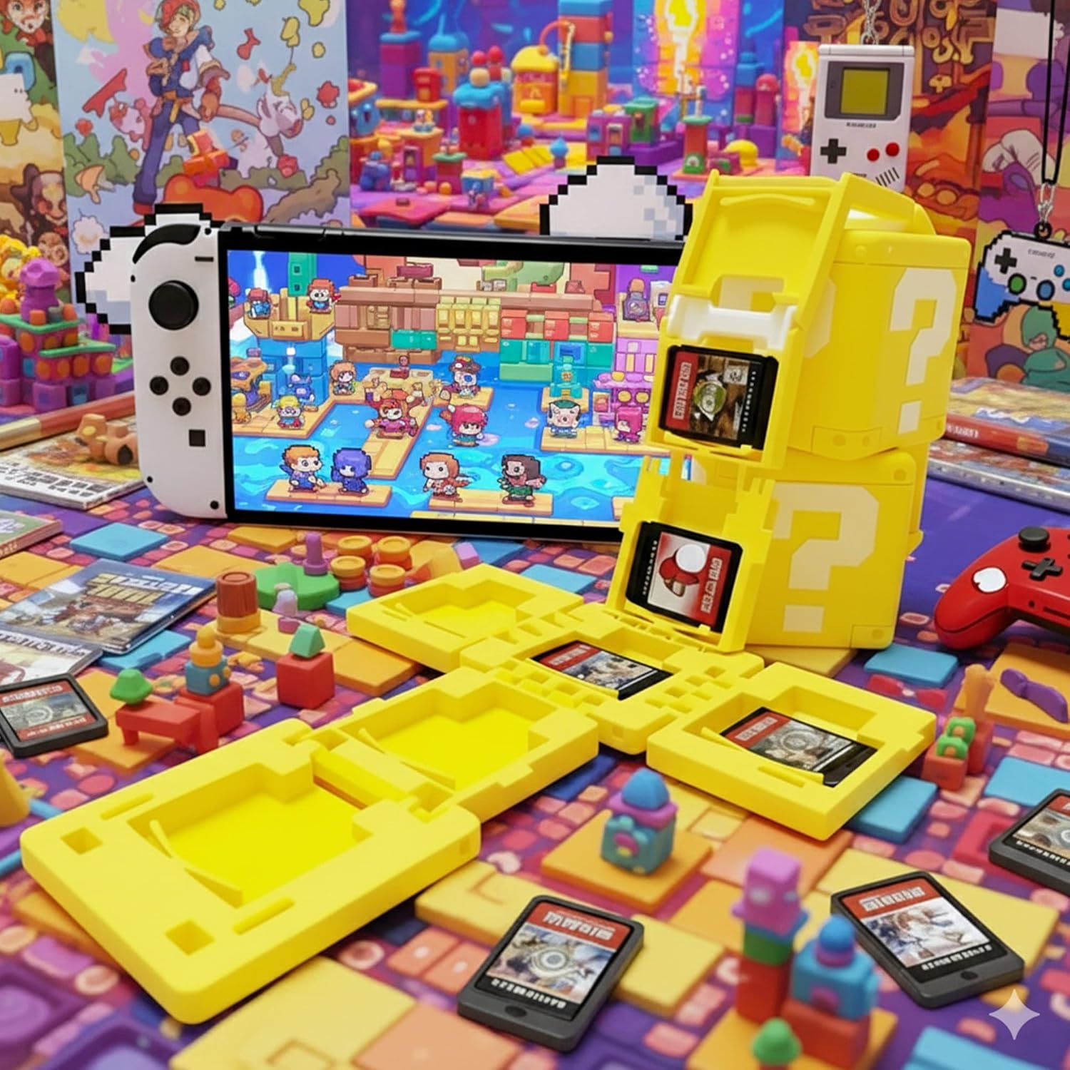 Game Card Holder for Nintendo Switch – 13-Slot Cartridge Case, 3D Printed Retro Question Mark Style, Fits All 1st & 2nd Gen Game Cards, Yellow Organizer Box for Switch, Cool Gamer Gift & Desk Decor - Image 3