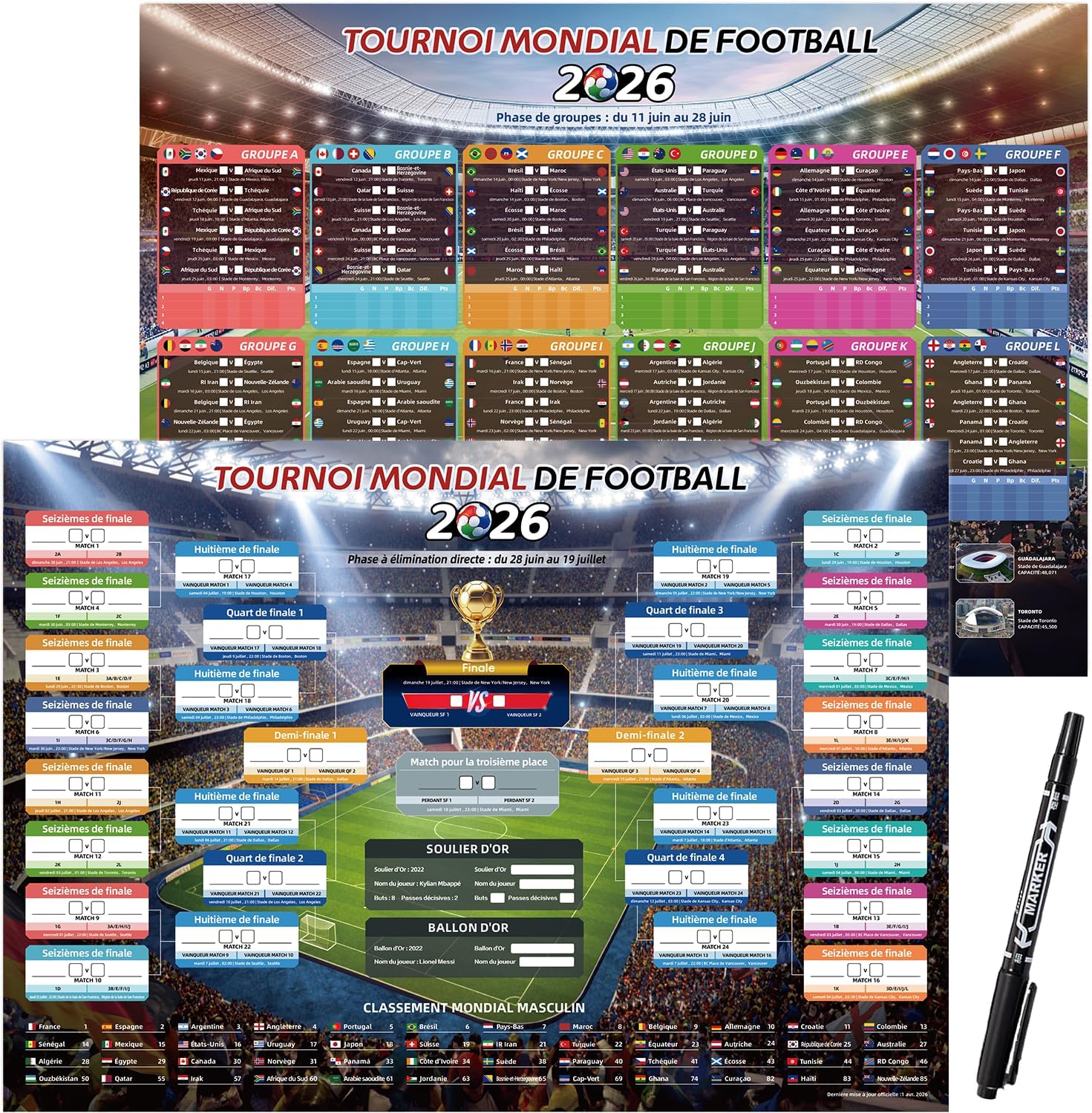 AhfuLife 2Pcs Calendrier Coupe du Monde de Football 2026, Affiche pour Coupe du Monde Decor- A2 Poster de Football- Inclure 48 Équipes Phase de Groupes et Résultats du Finale（Pliés,42 cm x 59,4 cm）