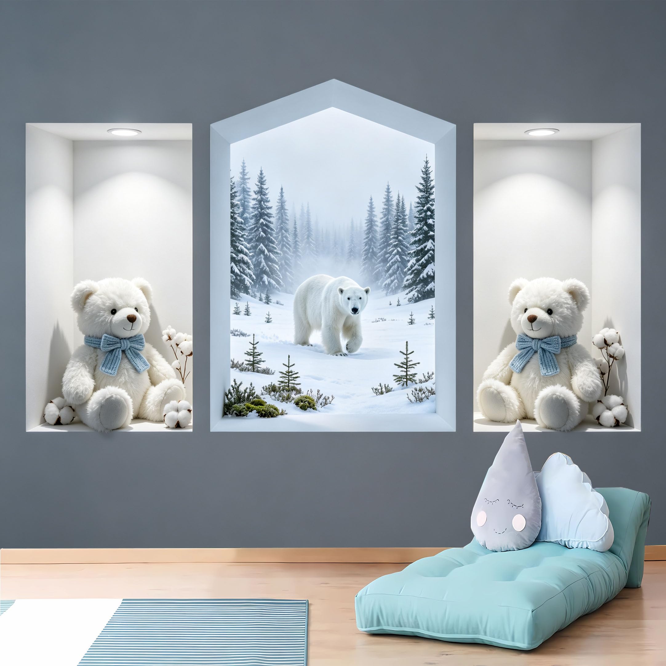 Custom Size Wall Murals 3D Niche with Teddy Bears and Polar Bear in Snowy Forest HD Self-Adhesive Wall Fabric (NO PVC) Removable Wallpaper for Kids Room Bedroom
