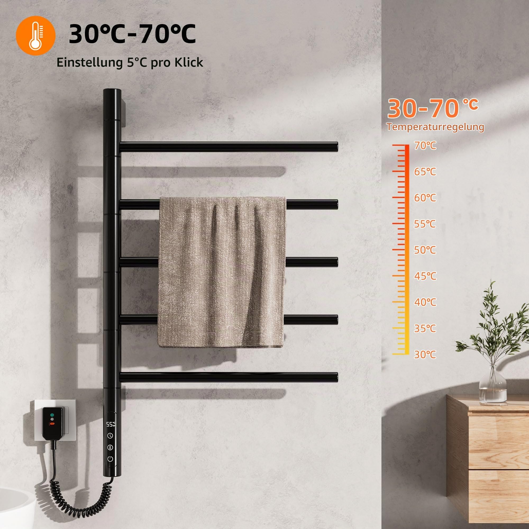 Badheizkörper Elektrisch, 415x680mm, 85W, 180° Drehung Handtuchheizkörper Elektrisch, Schwarz Handtuchheizkörper, Heizkörper Bad, Badheizkörper Handtuchhalter, mit Timer und Thermostat-G63 WiFi Black