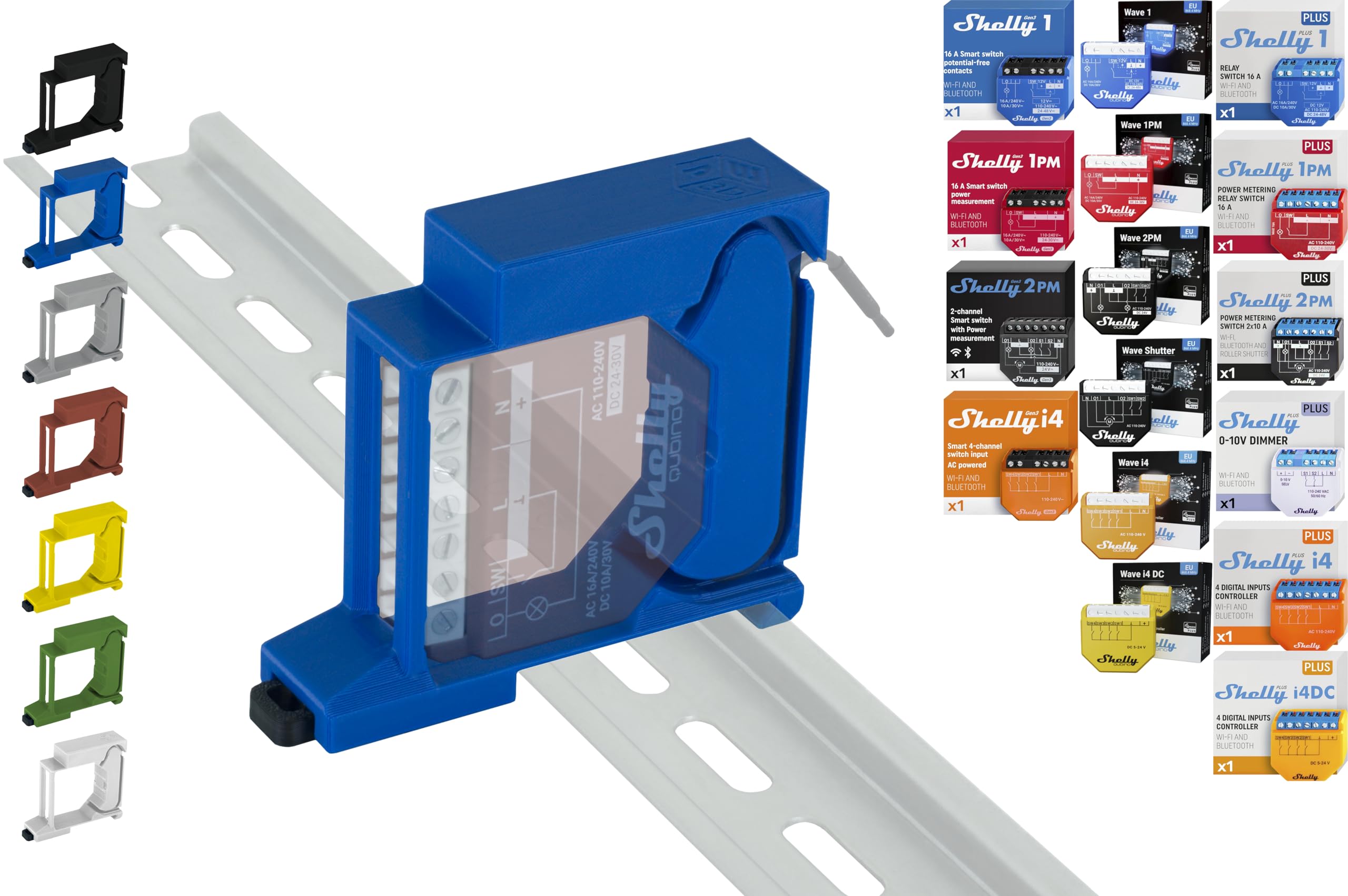 Shelly DIN Rail Holder for 16 Shellys: 1 Gen3, 1PM Gen3, 2PM Gen3, i4 Gen3, Plus 1, Plus 1PM, Plus 2PM, Plus i4, Plus 0-10V Dimmer, Wave 1, Wave 1PM, Wave 2PM, Wave Shutter, Wave i4 (Blue)
