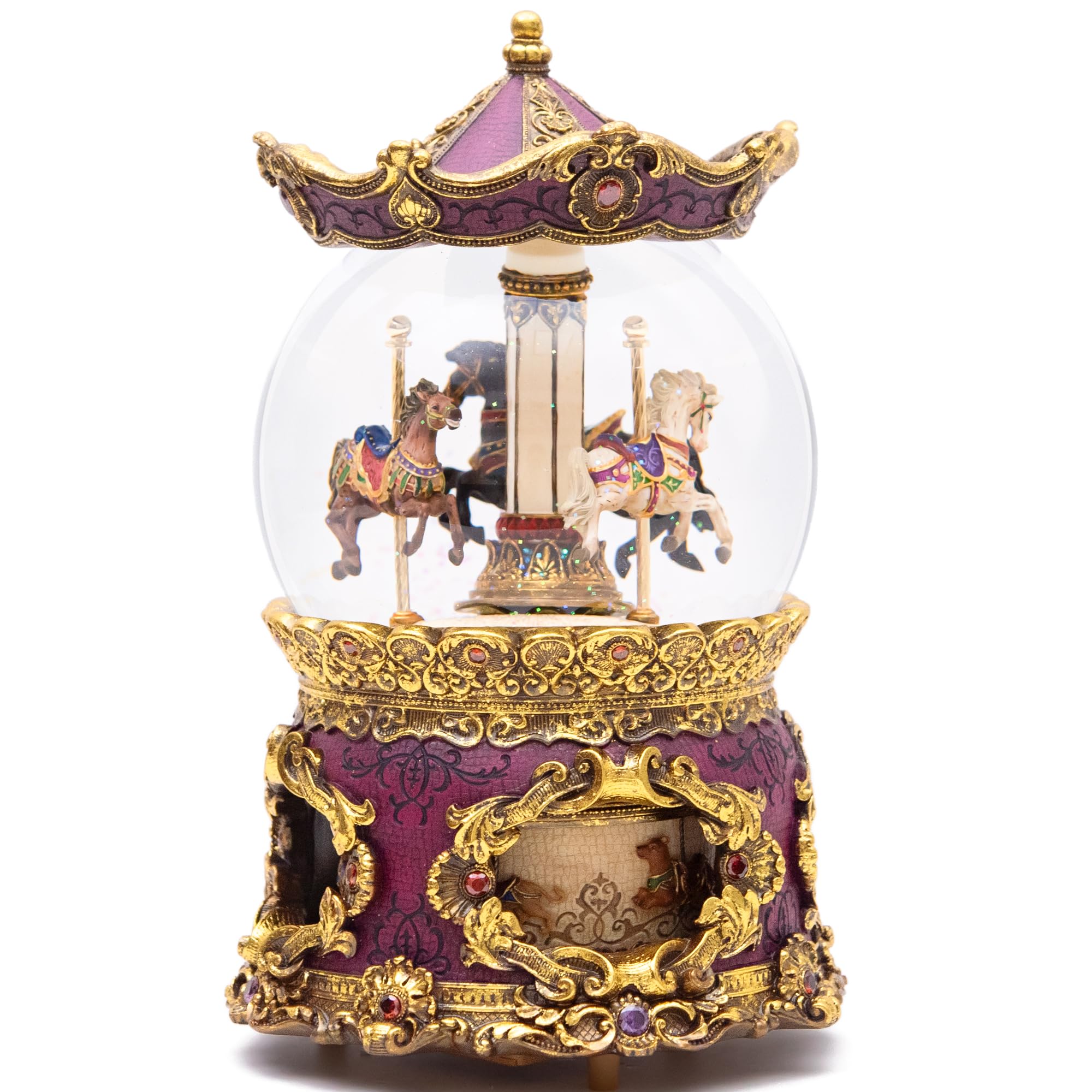 Jarll Royal Purple And Golden - Plays 'The Carousel Waltz' Tune Large Gold Carousel Snow Globe Music Box With Royal Accents, Rotating Horses Musical, Warm Lights, Luxury Antique-Style Gift For Christmas, Anniversary, Weddings, Birthdays, The Carousel Waltz Tune