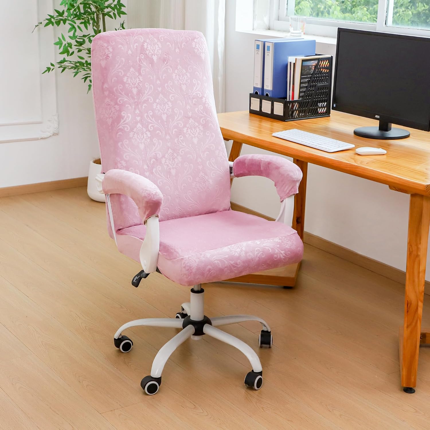 FORCHEER Office Chair Cover with Armrest Cover Pink Velvet Stretch Computer Chair Covers with Arm Reat Slipcovers Large Washable
