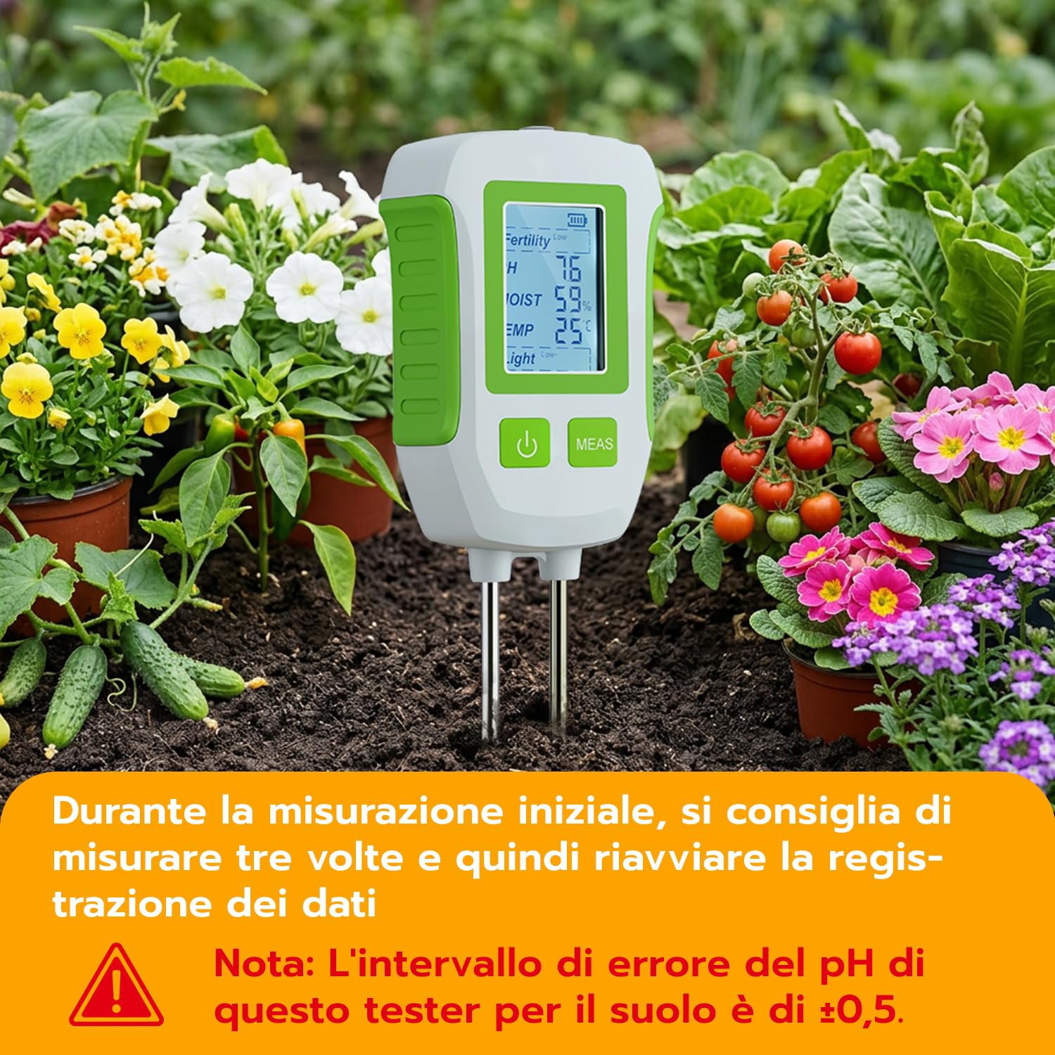 Misuratore di umidità del Terreno 5 in 1 - Tester Digitale per PH, Fertilità, Temperatura e Luce - Display LCD Retroilluminato per Piante, Giardino e Fattoria