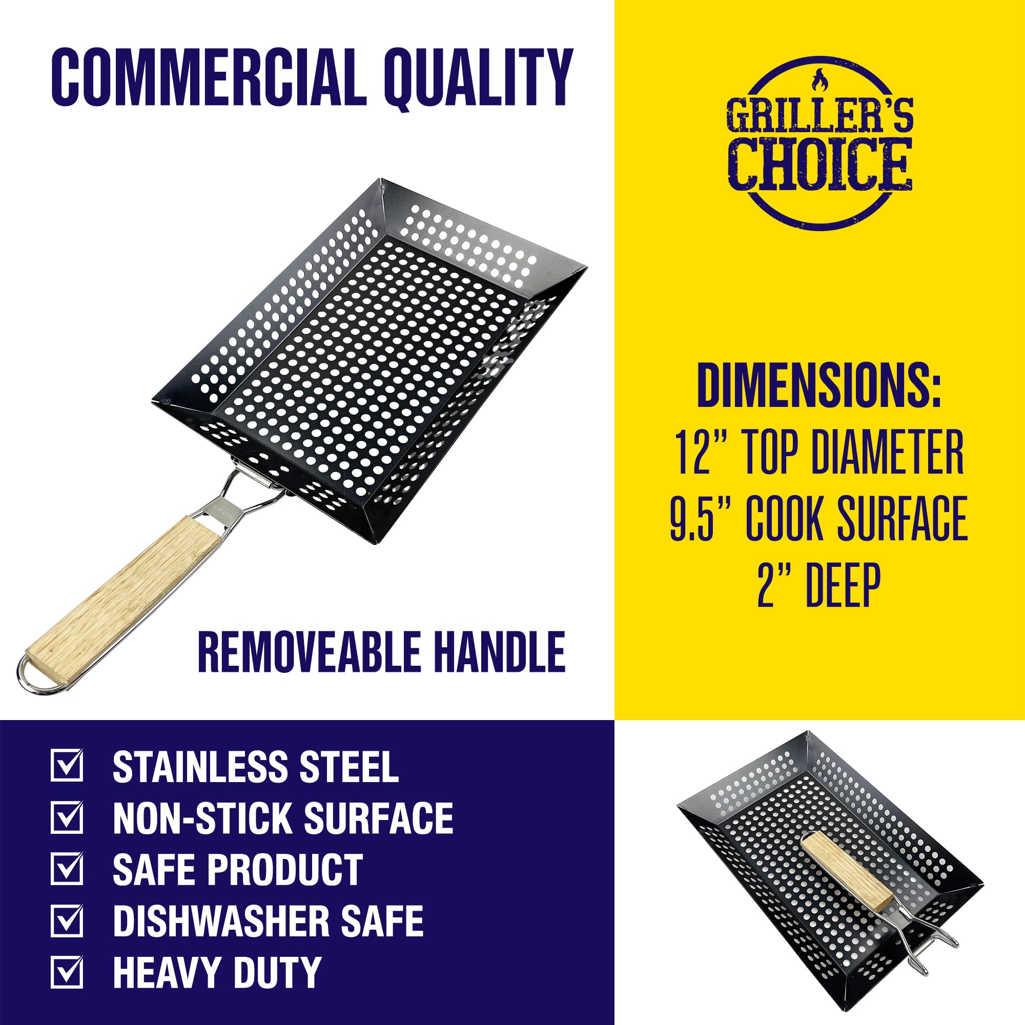 Griller's Choice - Cestino rettangolare con manico rimovibile, grande cestino commerciale antiaderente con manico per grigliare all'aperto. Progettato da Chef, BBQ Judge. Accessorio per barbecue