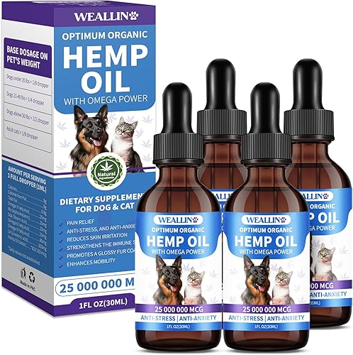 Aceite de cáñamo para perros y gatos - Omega-3, 6, 9 rico extracto orgánico - Alivia la ansiedad de las mascotas, el dolor, la salud de la piel y el